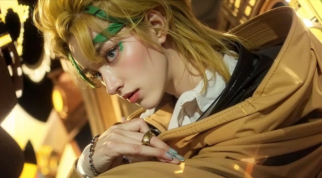 gorgeous british man, yellow hair, yellow coat, black vampire nails, green bandage forehead, muscular
