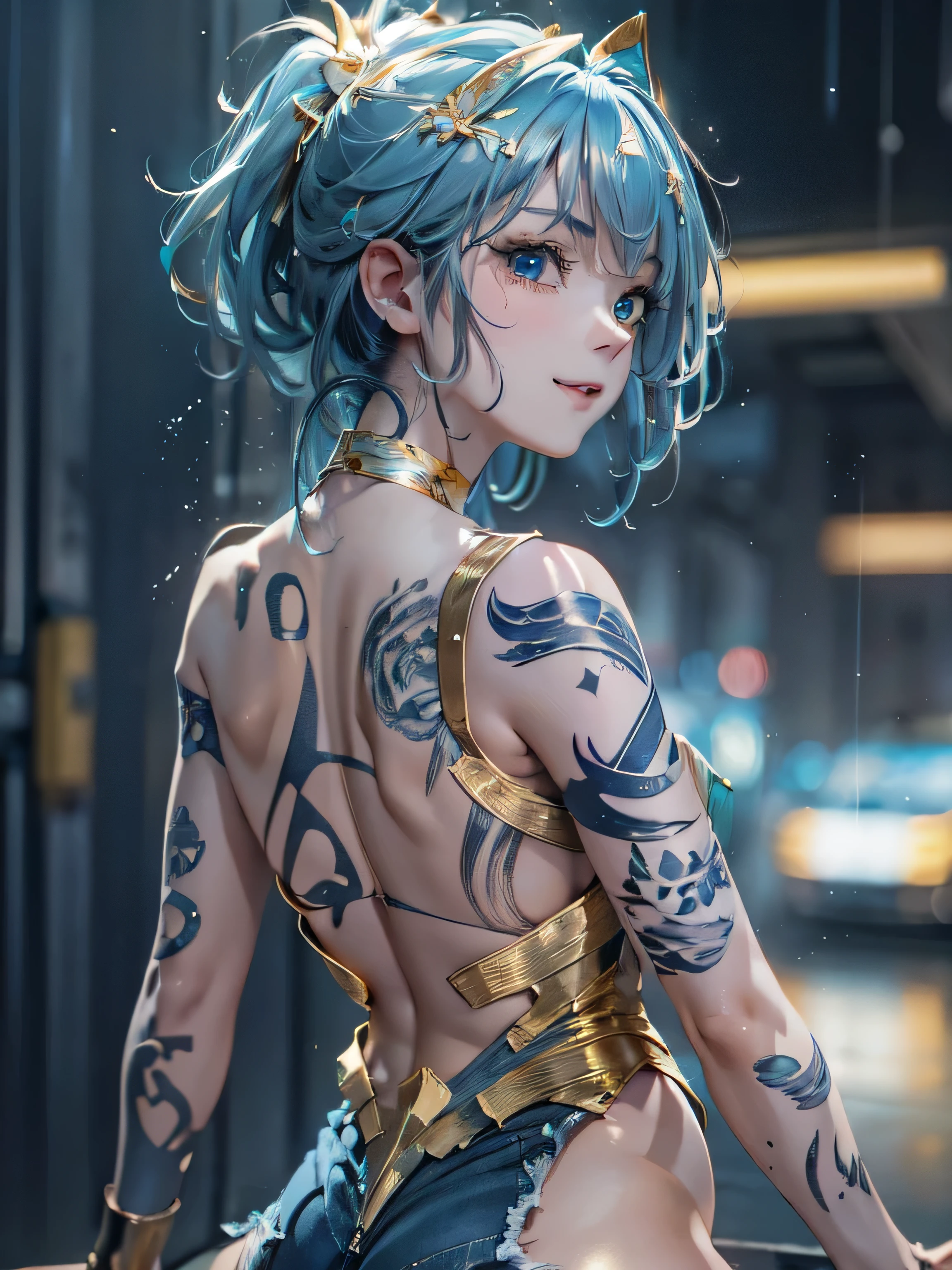 Nsfw, highly detailed, 8k, masterpiece, 1girl, Blue pink_hair, nude, smile, (perfect_face), bound, close-up, bdsm, on_back, ornate, intricate, dramatic lighting, 4k, detailed_background, caustics, full_body,  