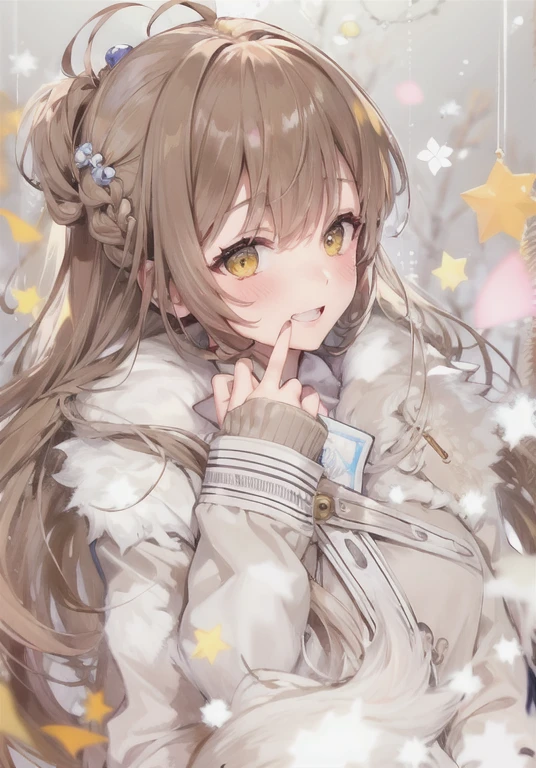 osaki amana, 1 girl, have, gloines, long hair, 一人in, white background, fur have, smile, brown hair, looking at iniewer, yellow eyes, simple background, fur trim, open your mouth, coat, blush, Winter clothes, Braid, white coat, in, long sleeines, bangs, swept bangs, teeth