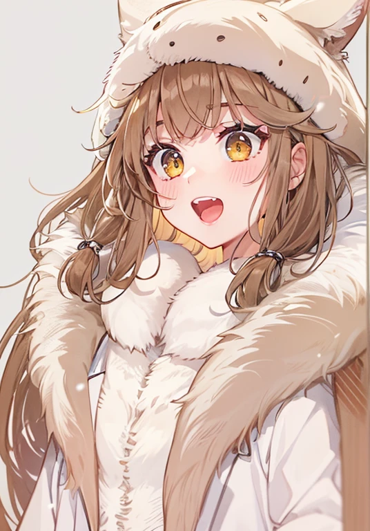 osaki amana, 1 girl, have, gloines, long hair, 一人in, white background, fur have, smile, brown hair, looking at iniewer, yellow eyes, simple background, fur trim, open your mouth, coat, blush, Winter clothes, Braid, white coat, in, long sleeines, bangs, swept bangs, teeth