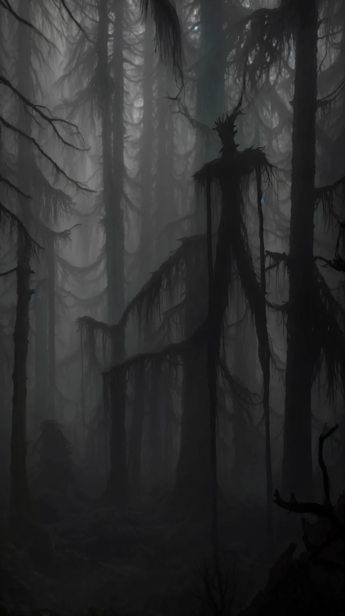 a dark forest with a creepy looking tree in the middle, creepy forest, dark forest looms, ominous and eerie forest, spooky forest, haunted forest, in a spooky forest, an evil forest, scary pines, eerie atmosphere, dark forests surrounding, mysterious and scary forest, scary dark forest, concept art of a dark forest, in a forest made of nightmares