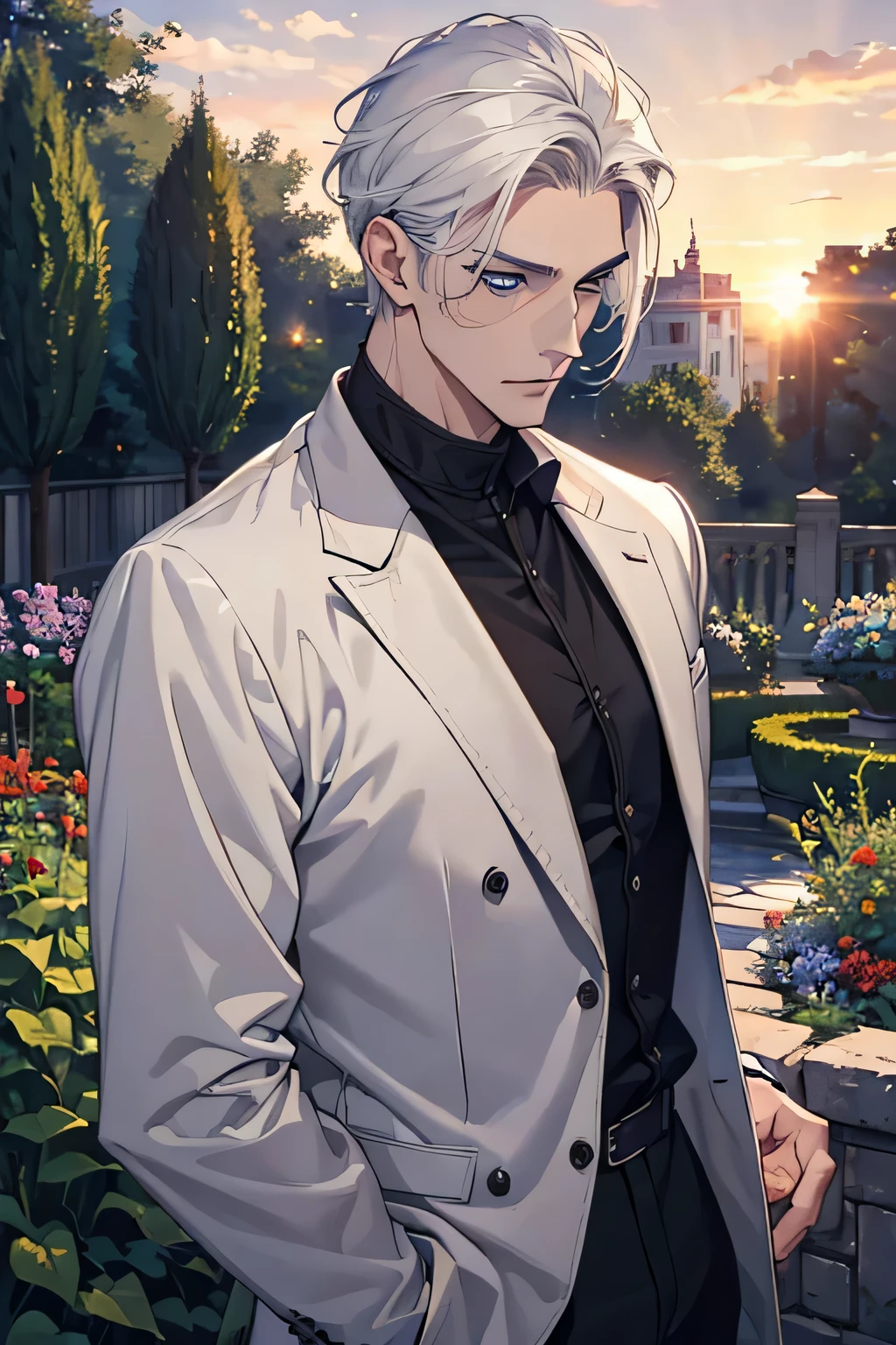 ((masterpiece:1.2, best quality)), 4k, adult, european face, 1man, male, mature, aged up, handsome, verytall, muscles, broad shoulders, dark casual clothes, white skin, middle white hair, blue eyes, portrait, sunset, garden

