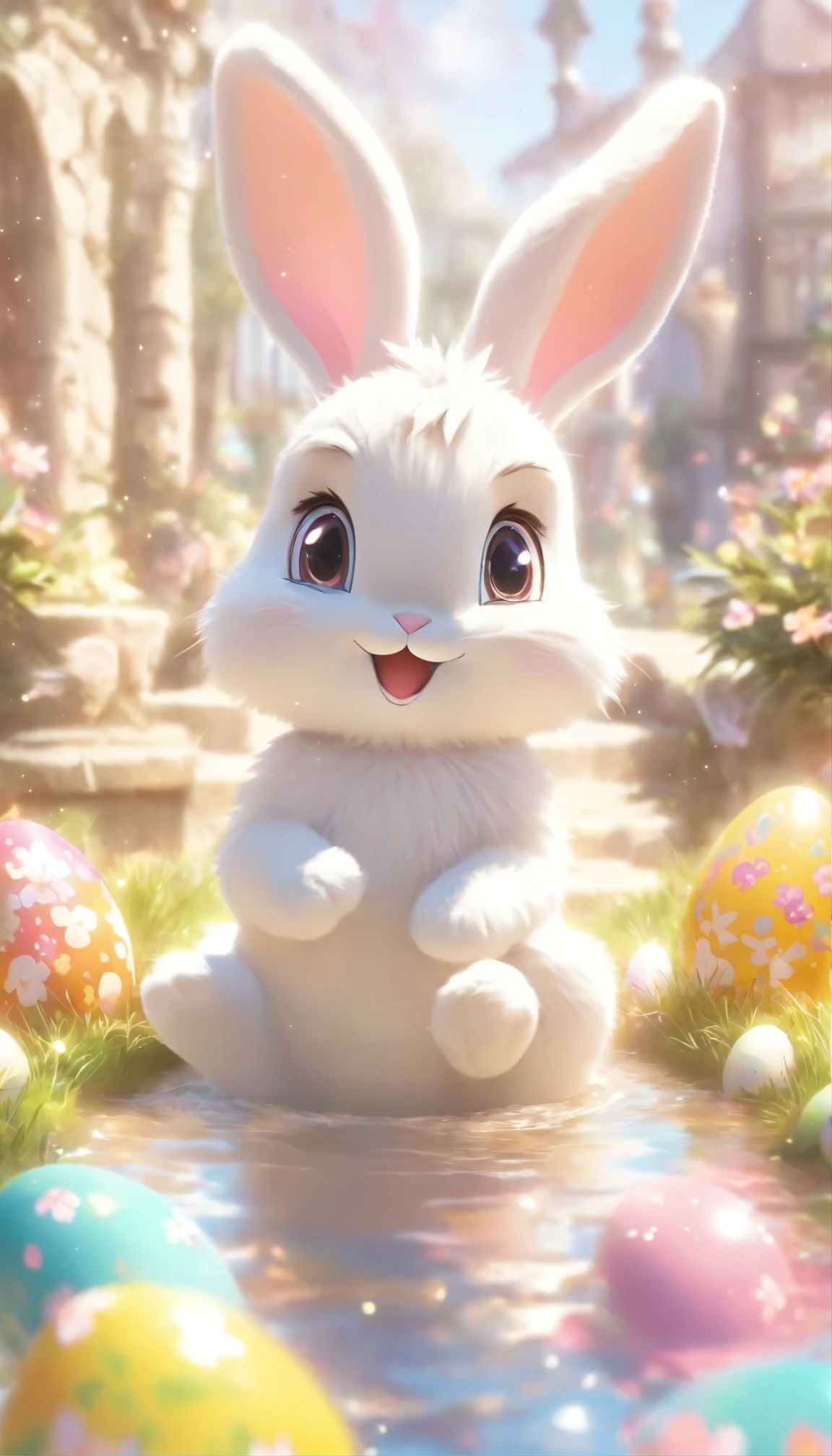 cute easter bunny baby, Wiese, 4 colorful easter eggs,  With round eyes, garden fountain, light light, Distant Houses々, mirror effect