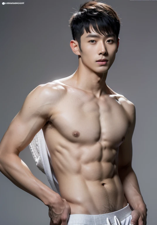 Japanese male model in underwear, Full body shot, Quiv haircut, Look at the camera, Detailed parts of the face, Manly, charming, Active Boy, Standing in front of a gray background, Freestyle moves, happy expression, perfect anatomy, Symmetrical body, Asia boy 19 years old, shirtless :: Highly detailed, Asia, a little six packs charming body, realistic, human skin, short hairstyle, handsome chad chin, shirtless, handsome, charming, Be a man, sexually charming, human skin, (Make eye contact), handsome, charming