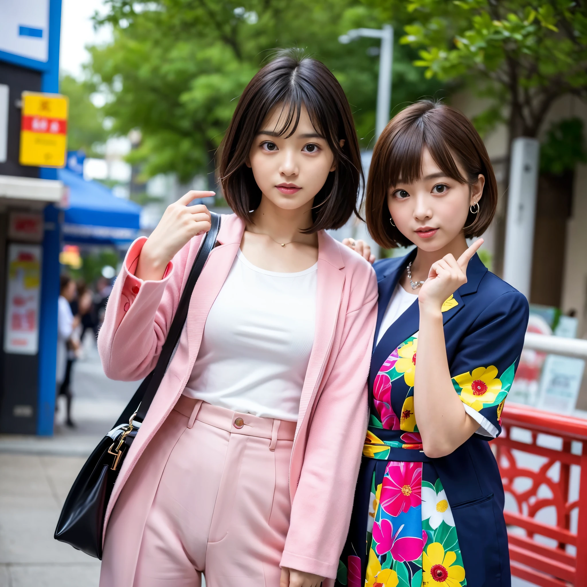 Best-quality, Masterpiece, Ultra-High-Resolution, (Photorealistic:1.4), Raw-Photo,
2girls, lesbian-couple, 18-years-old girl and 25-years-old woman, Late at night, In spring, At Hiroshima's entertainment distric,
(The 18-year-old girl, the most famous Japanese idol, wearing colorful spring-clothes with cute-design, extremely beautiful short-cut-haired, extremely cute face like the most popular Japanese idol, extremely beautiful big-eyes),
(The 25-year-old woman, the most famous Japanese actress, wearing business-suit with stylish-design, extremely beautiful long-hair, extremely beautiful face like the most popular Japanese actress, extremely beautiful big-eyes),
detailed colorful-spring-clothes-with-cute-design,
detailed business-suit-with-stylish-design