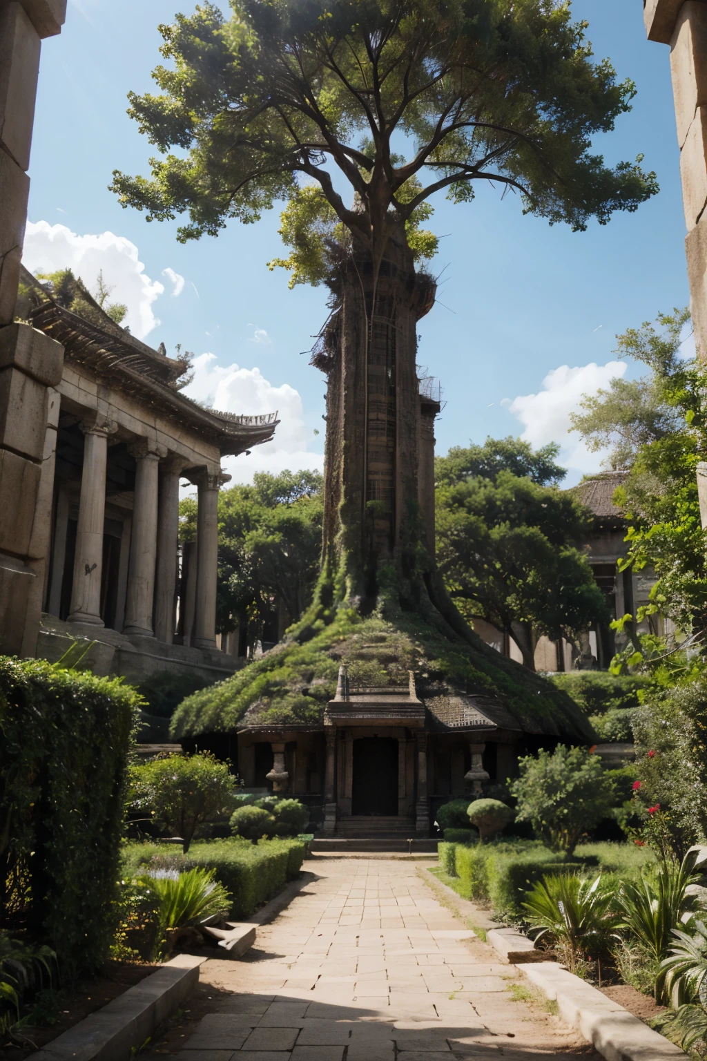 great tree in a futuristic cenario. With a temple sci-fi old with growing plants around.