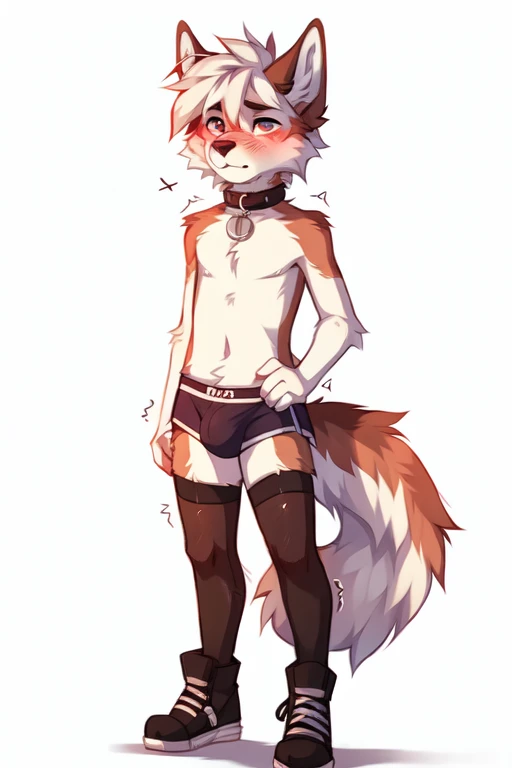 full body,No background, white background, ((by keihound, by reysi)), by Zackary911, by hyattlen, by fumiko, by fluff-kevlar, Furry, Anthro, ((furry footwear)), ((loose collar)), ((teen)), ((twink)), ((small)), ((bored eyes)), ((annoyed expression)), ((blushing)), ((shaking motion line)), full body, short white hair, ((fluffy tail)), ((shirtless,bulge, stockings)),