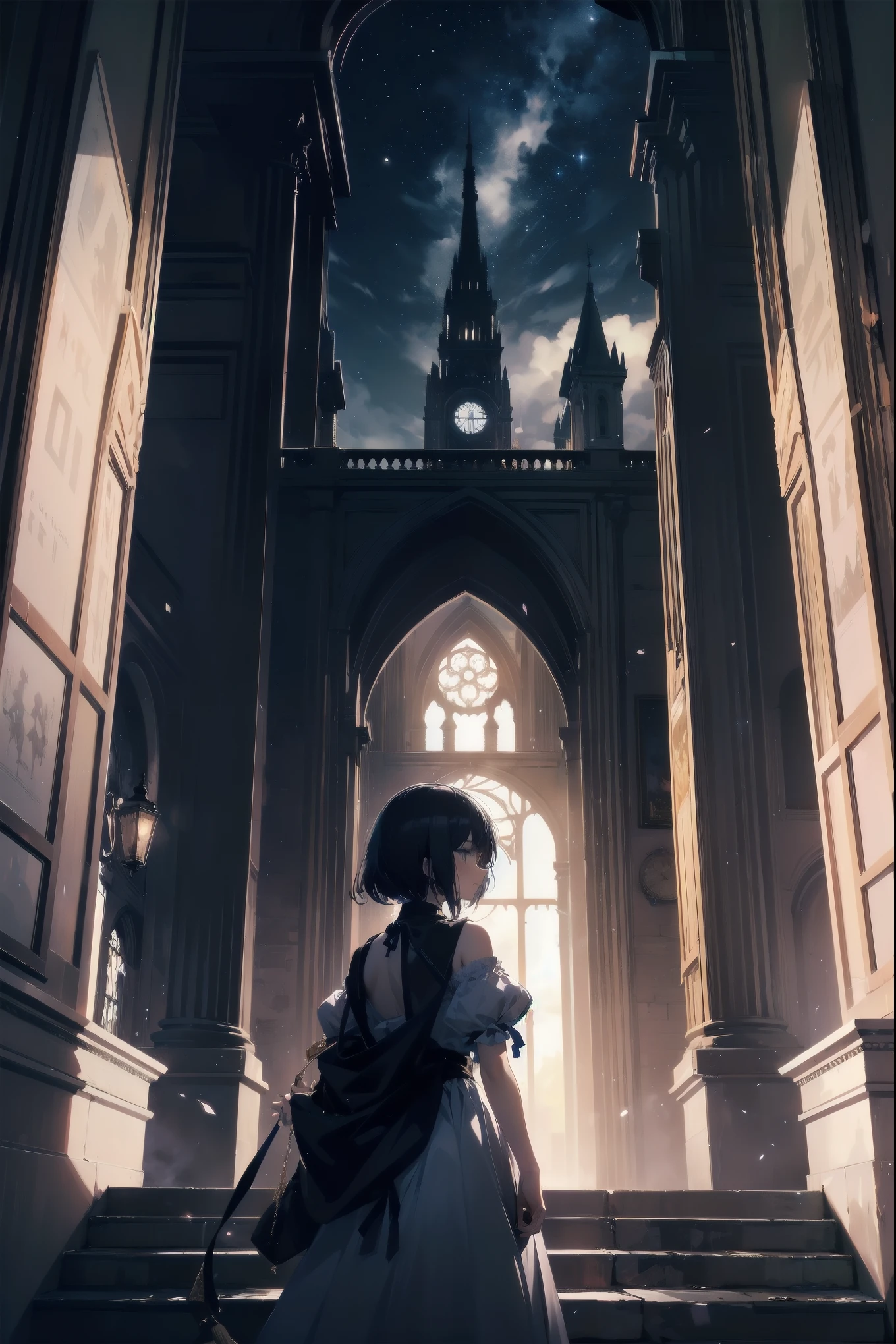 Girl looking up Scene 1: Twilight tower shadow The girl stands quietly against the sky, which is dyed an azure colour. Towering up in front of her is a huge structure called the Tower of Babel. Its form, which seems to pierce through the clouds, seems as if it is about to reach the heavens. The girl's gaze is directed towards the top of the tower. The tower, shrouded in evening darkness, creates a fantastic atmosphere. The surface of the tower is engraved with intricate patterns. It looks like ancient writing. The girl seems to sense something deep within the tower. Is it the memory of a masterpiece story or a longing for an unknown fantasy world? Scene 2: Memory of the starry sky The girl stands at the top of the tower amidst countless twinkling stars in the night sky. At her feet, the lights of the city shine like jewels. The girl closes her eyes and takes a deep breath. The scent of the night breeze is mixed with the old smell of the tower. The girl's mind replayed a famous story. It was a story of adventure and friendship that the girl read as a . The hero of the story, like the girl, climbed the Tower of Babel. There, she meets her friends and overcomes various difficulties. The girl dreamed that one day she, like the hero, would go on an adventure. Scene 3: The promise of the morning glow The girl left the tower just as the light of the morning sun was illuminating it. Looking back, the tower shone in the morning sun and even looked divine. The girl decides that one day she will climb this tower again. And when she does, she vows to spin out the rest of the masterpiece's story. Step by step, the girl walked into the future.
