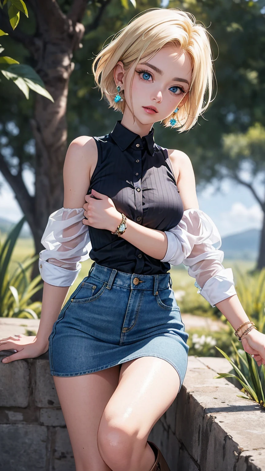 (cowboy shooting: 1.2), (Android_18, and 18(Dragon Ball Z), (Delicate and beautiful eyes and delicate face), (face through thigh: 1.4), (knee shot: 1.2), blonde hair, alone, Miss, (beautiful background), :), Dynamic angle, blue eyes, Glossy, Sunlight, (bright face: 1.2), Very wide hips, Thighs are thick, full-body shot, alone, blonde hair, blue eyes, short hair, earrings, jewelry, denim dress, open vest, (Black shirt), Denim skirt, (long striped sleeves), blue skirt, brown cowboy boots
