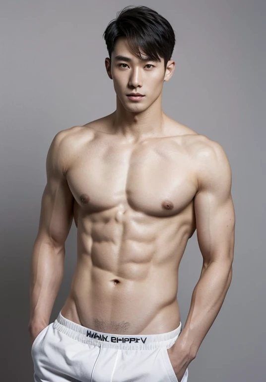 Japanese male model wearing white underwear, Full body shot, Quiv haircut, Look at the camera, Detailed parts of the face, Manly, charming, Active Boy, Standing in front of a gray background, Freestyle moves, happy expression, perfect anatomy, Symmetrical body, Asia boy 19 years old, shirtless :: Highly detailed, Asia, a little six packs charming body, realistic, human skin, short hairstyle, handsome chad chin, shirtless, handsome, charming, Be a man, sexually charming, human skin, (Make eye contact), handsome, charming