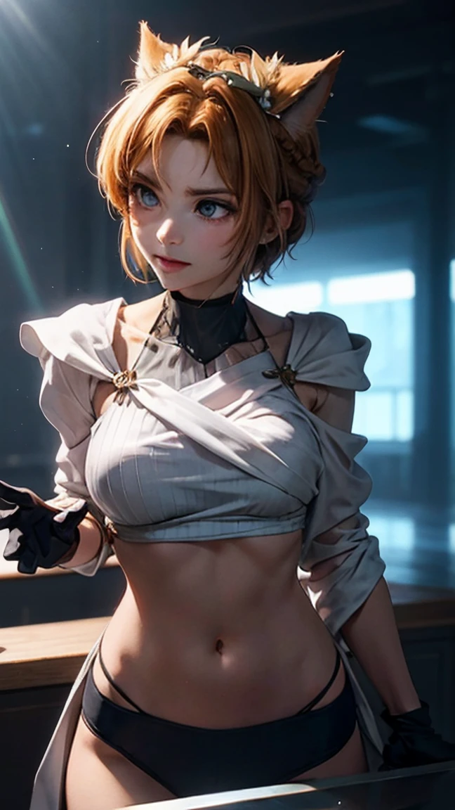 sexy beauty，(masterpiece),(Super detailed:1.1),(alone:1.2),(blue eyes:1.3),(Vibrant red short hair),(round face), Smile,(Black swordsman costume), (black gloves:1.1),(big breasts),(Beautiful and detailed eyes, highly refined skin, Bright and shiny skin:1,1), (fitness body),(Fantasy night scene:1.1),(Physical rendering, professional lighting, photon mapping, Radiosity, soft light,  lens reflection: 1.3), hue color,  露abdomen，abdomen，belly button，belly button穿环