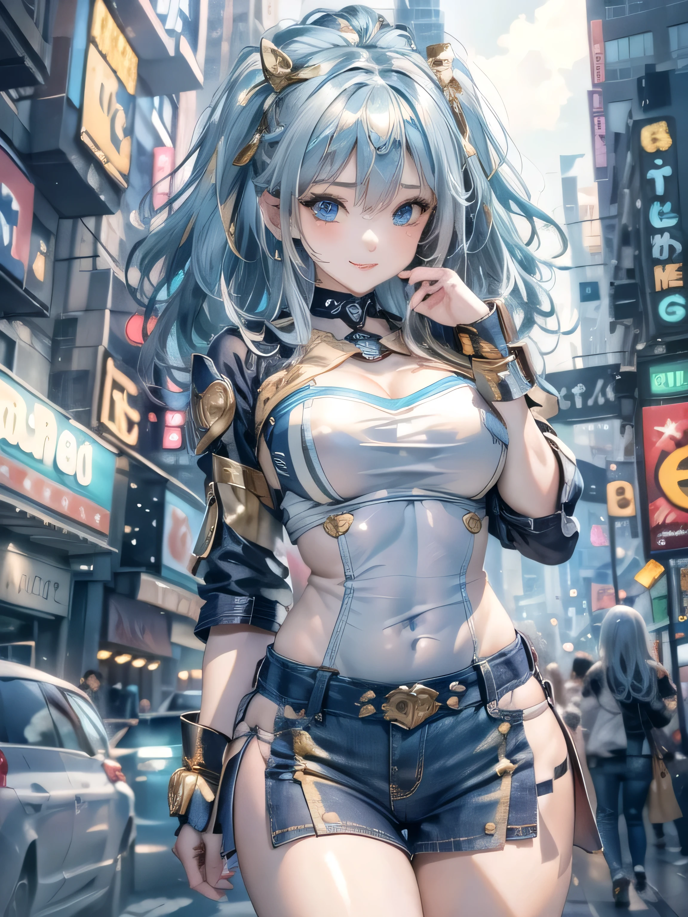 (photorealistic:1.8, highest quality:1.8,8K masterpiece:1.8,High resolution,muste piece:1.8,RAW Photos,cinematic lighting),No split screen, cyber punk、Back alley of the city at night、rain-soaked ground、vapor、 (1 android girl:1.3)、Completely naked、full body tattoo、choker、beautiful breasts、shirt、denim shorts、beautiful butt,beautiful thighs,plump nipples、Nipples are visible through the costume,cameltoe,Body painting with a pop design drawn all over the body、pop art design、cutting edge fashion、conceptual art、 (Beautiful shining red, blue, white, gray and golden hair:1.5)、Stoic