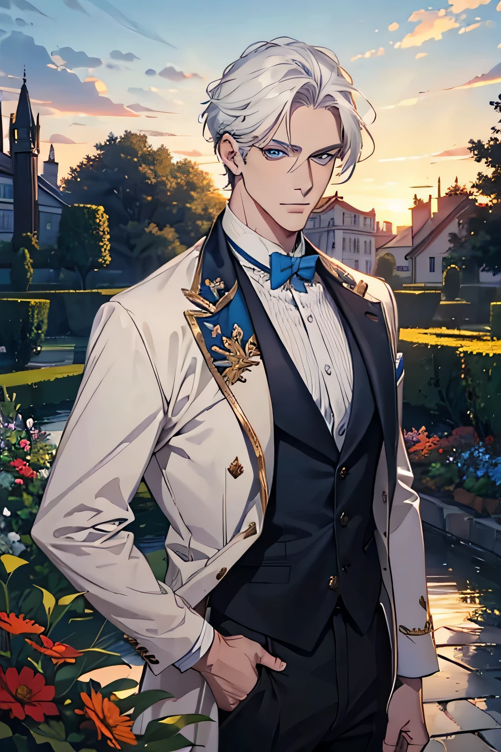 ((masterpiece:1.2, best quality)), 4k, adult, european face, 1man, male, mature, aged up, handsome, verytall, muscles, broad shoulders, dark casual clothes, white skin, middle white hair, blue eyes, portrait, sunset, garden