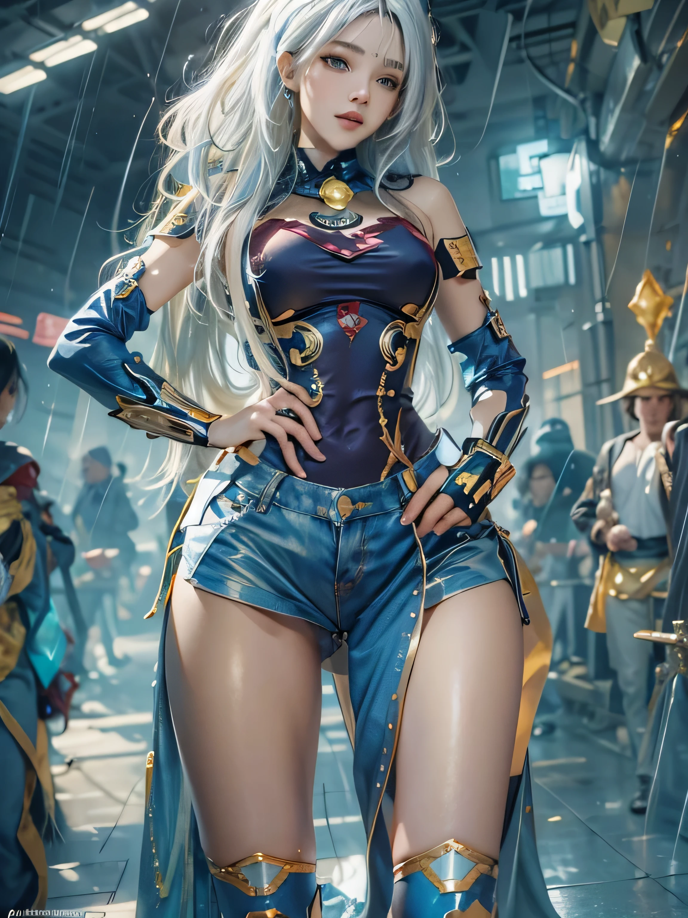 (photorealistic:1.8, highest quality:1.8,8K masterpiece:1.8,High resolution,muste piece:1.8,RAW Photos,cinematic lighting),No split screen, cyber punk、Highway at night、rain-soaked ground、 (1 android girl:1.3)、Completely naked、Full body tattoo、choker、beautiful breasts、T-shirt、denim mini skirt、beautiful butt、beautiful thighs,plump nipples、Nipples are visible through the costume,cameltoe,Body painting with a pop design drawn all over the body、pop art design、cutting edge fashion、conceptual art、 Provocative sexy poses、look back、Spread your legs apart、spread your legs wide、Lift your leg high and kick (Beautiful, shining crimson, blue, gold and white hair:1.5)、shining blue eyes、Shy Smile