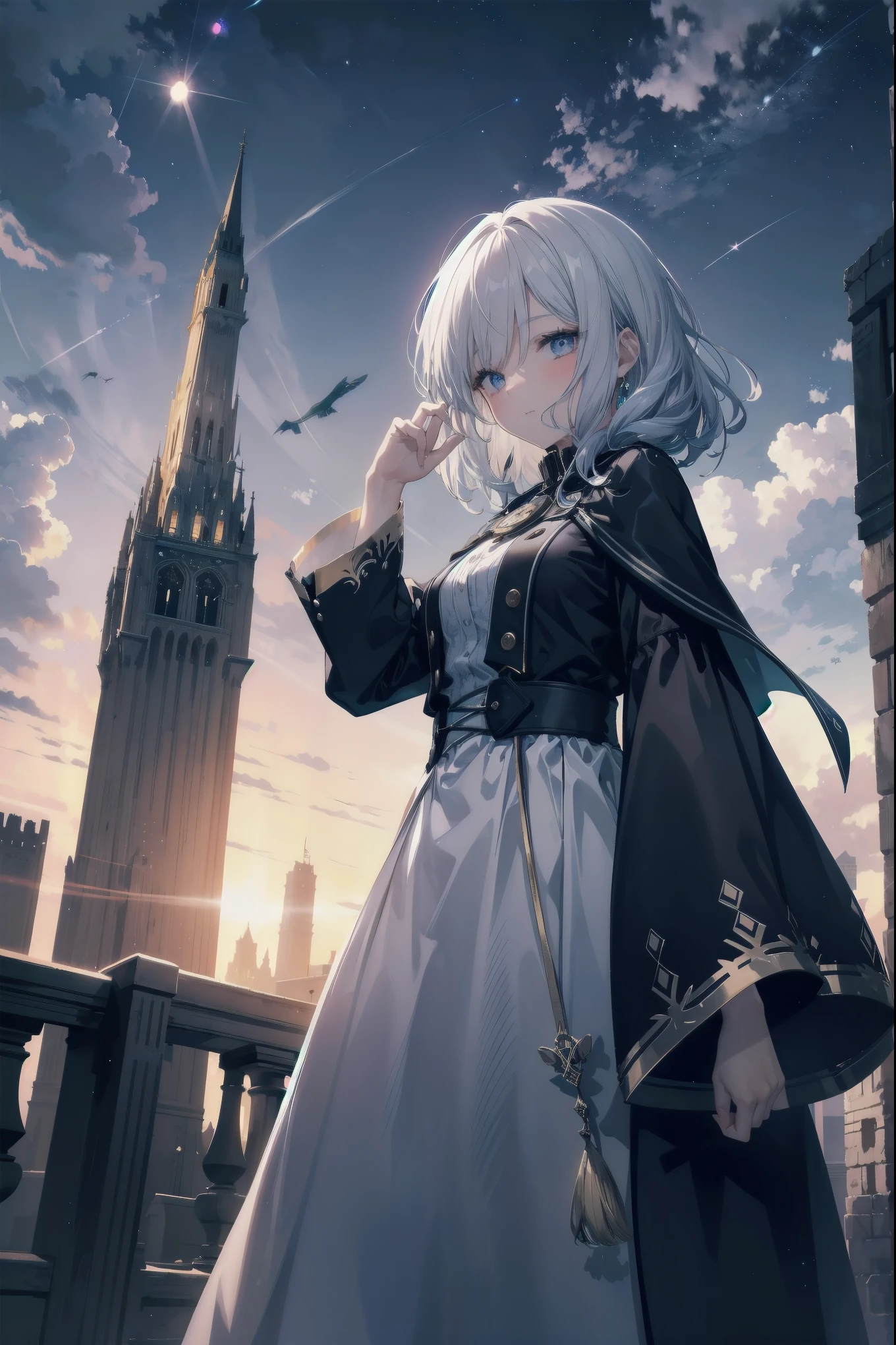 Girl looking up Scene 1: Twilight tower shadow The girl stands quietly against the sky, which is dyed an azure colour. Towering up in front of her is a huge structure called the Tower of Babel. Its form, which seems to pierce through the clouds, seems as if it is about to reach the heavens. The girl's gaze is directed towards the top of the tower. The tower, shrouded in evening darkness, creates a fantastic atmosphere. The surface of the tower is engraved with intricate patterns. It looks like ancient writing. The girl seems to sense something deep within the tower. Is it the memory of a masterpiece story or a longing for an unknown fantasy world? Scene 2: Memory of the starry sky The girl stands at the top of the tower amidst countless twinkling stars in the night sky. At her feet, the lights of the city shine like jewels. The girl closes her eyes and takes a deep breath. The scent of the night breeze is mixed with the old smell of the tower. The girl's mind replayed a famous story. It was a story of adventure and friendship that the girl read as a . The hero of the story, like the girl, climbed the Tower of Babel. There, she meets her friends and overcomes various difficulties. The girl dreamed that one day she, like the hero, would go on an adventure. Scene 3: The promise of the morning glow The girl left the tower just as the light of the morning sun was illuminating it. Looking back, the tower shone in the morning sun and even looked divine. The girl decides that one day she will climb this tower again. And when she does, she vows to spin out the rest of the masterpiece's story. Step by step, the girl walked into the future.
