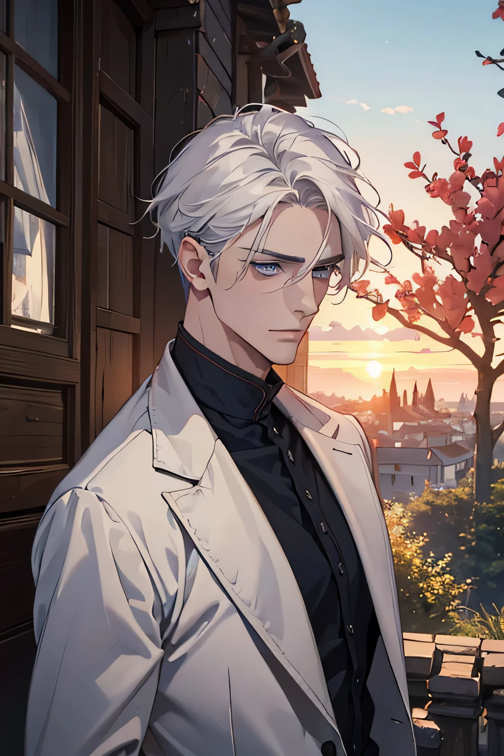 ((masterpiece:1.2, best quality)), 4k, adult, european face, 1man, male, mature, aged up, handsome, verytall, muscles, broad shoulders, dark casual clothes, white skin, middle white hair, blue eyes, portrait, sunset, old house with apple trees.