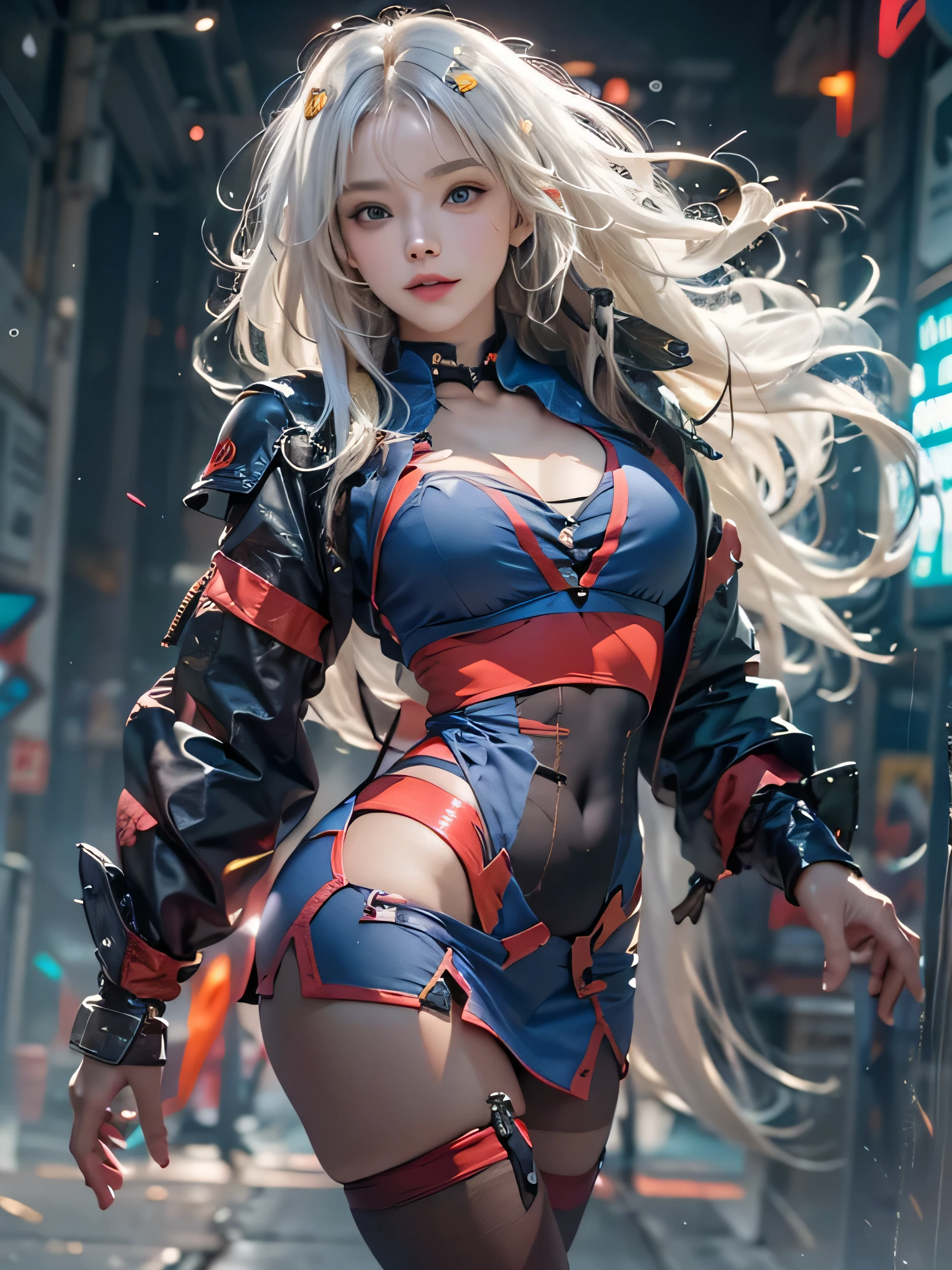 (photorealistic:1.8, highest quality:1.8,8K masterpiece:1.8,High resolution,muste piece:1.8,RAW Photos,cinematic lighting),No split screen, cyber punk、Highway at night、rain-soaked ground、 (1 android girl:1.3)、Completely naked、Full body tattoo、choker、beautiful breasts、T-shirt、denim mini skirt、beautiful butt、beautiful thighs,plump nipples、Nipples are visible through the costume,cameltoe,Body painting with a pop design drawn all over the body、pop art design、cutting edge fashion、conceptual art、 Provocative sexy poses、look back、Spread your legs apart、spread your legs wide、Lift your leg high and kick (Beautiful shining red blue black and white golden hair:1.5)、shining blue eyes、Shy Smile