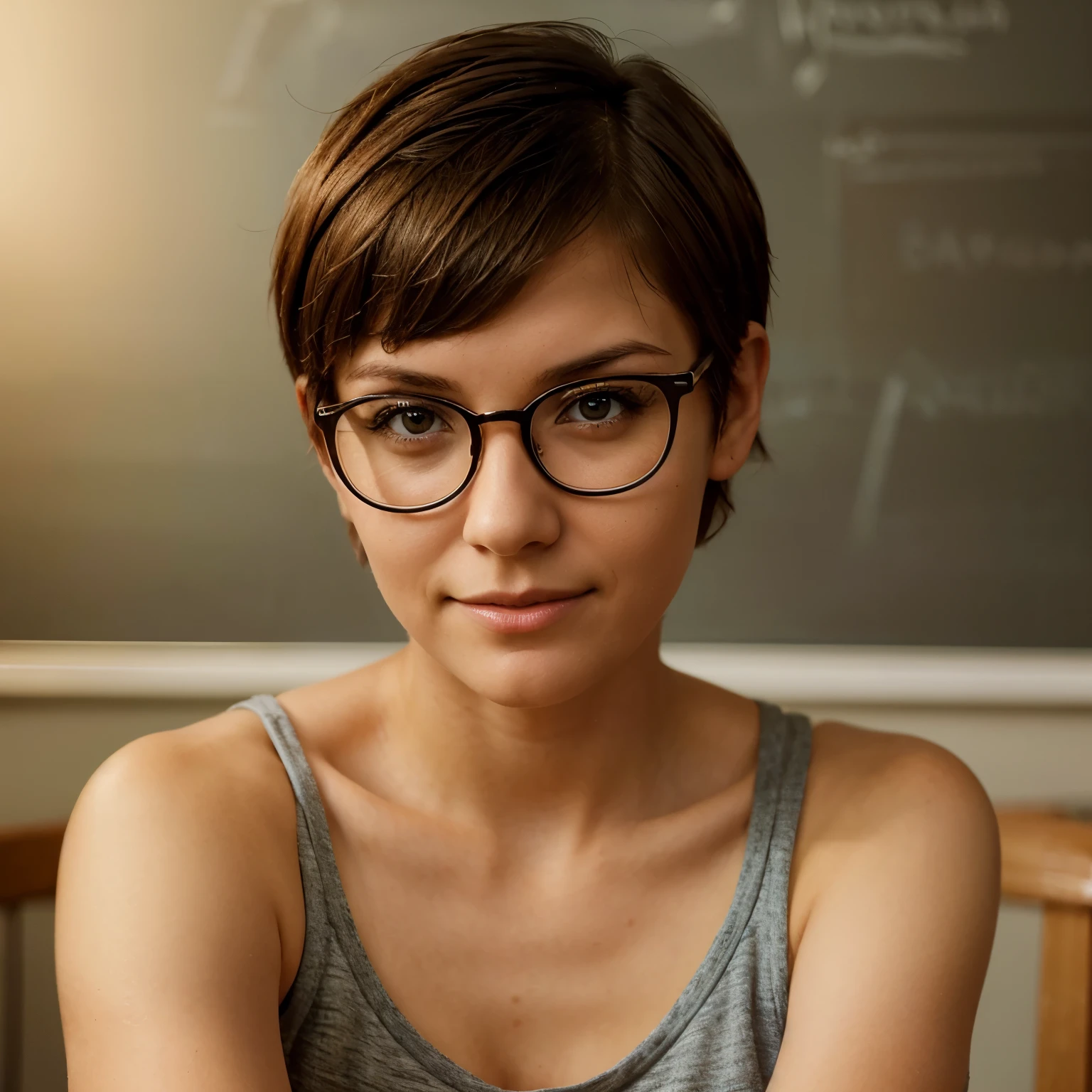 (an encouraging short-haired teacher, wearing glasses, with crossed arms, looking inspiring), [illustration], (best quality:1.2), (ultra-detailed),(realistic:1.37), portraits, vivid colors, warm tones, soft lighting