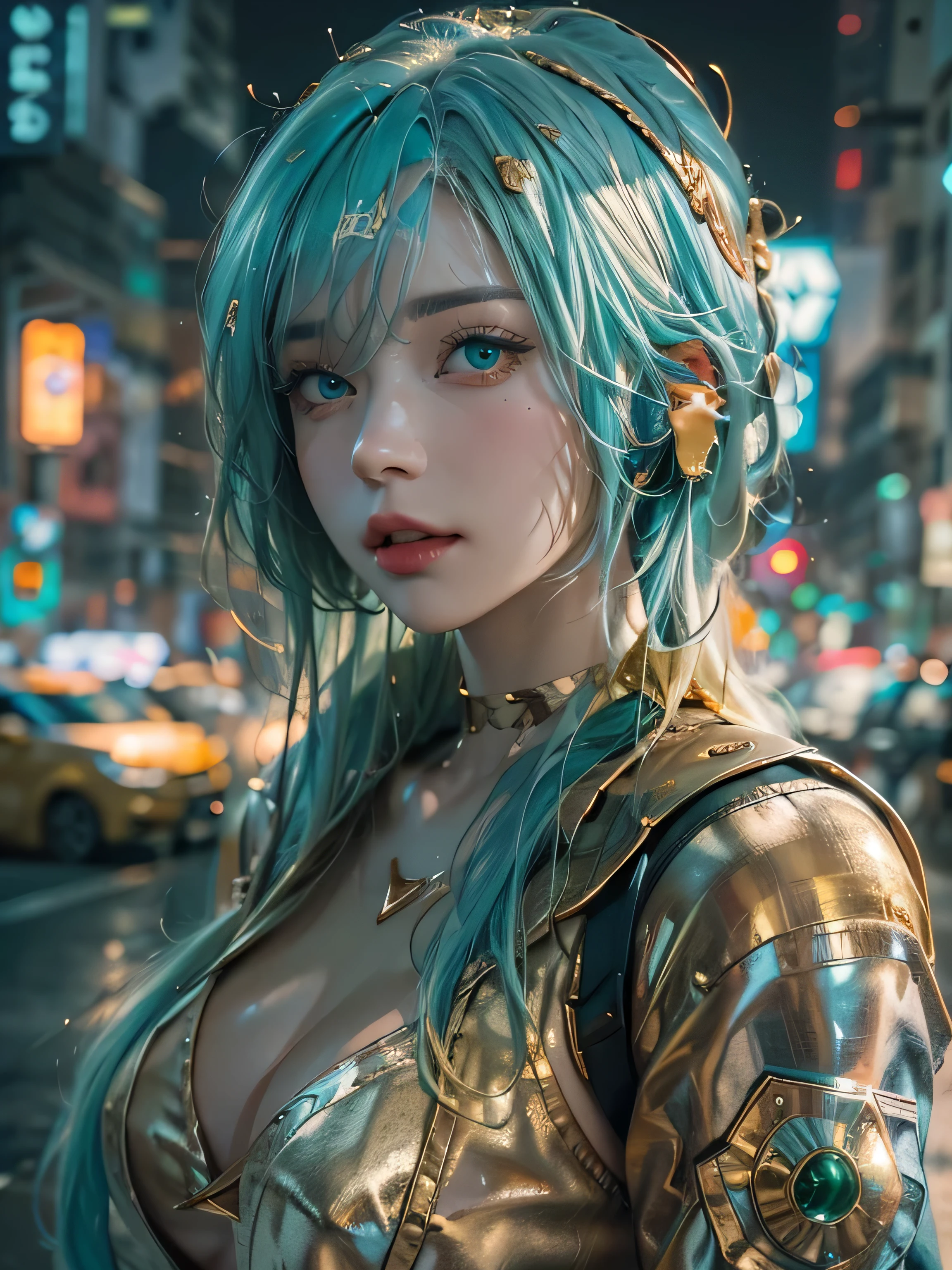 (photorealistic:1.8, highest quality:1.8,8K masterpiece:1.8,High resolution,muste piece:1.8,RAW Photos,cinematic lighting),No split screen, cyber punk、Highway at night、rain-soaked ground、
(1 android girl:1.3)、Completely naked、Full body tattoo、choker、beautiful breasts、T-shirt、denim mini skirt、beautiful butt、beautiful thighs,plump nipples、Nipples are visible through the costume,cameltoe,Body painting with a pop design drawn all over the body、pop art design、cutting edge fashion、conceptual art、
Provocative sexy poses、look back、Spread your legs apart、spread your legs wide、
(Beautifully shining vermilion, green, gold, white and blue hair:1.5)、shining blue eyes、Stoic