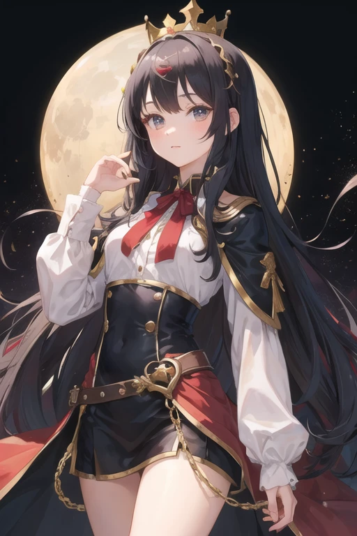 original character, 1 girl, (solo) Queen of hearts, long black hair, gray eyes, small gold crown on head, pretty, stern,
