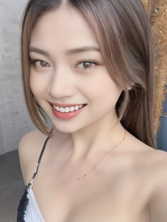 (realistic、masterpiece、Best Quality、8K、highres、high resolution:1.3)、1 girl、Huge breasts、smile, white bikini、pale white skin、looking at viewers、super fine face and eyes、long hair、indoor、 upper body、