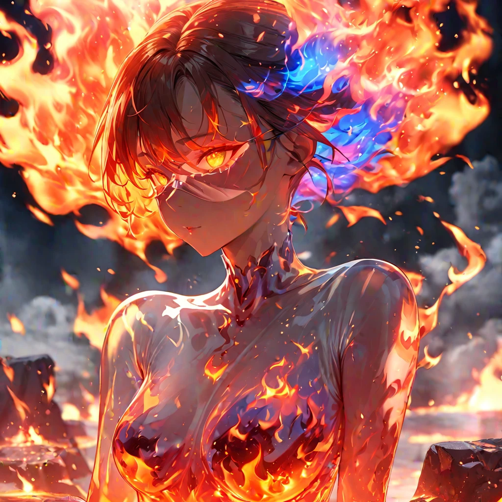 (masterpiece, best quality:1.2), 1girl, solo, burning,(([see-through skin]:1.3)),(([Transparent skin]:1.3)) (([made from fire]:1.3)),fiery,(molten rock),((see-through flame skin)),((fiery hair)),to smoke,cloud,girl engulfed in flames, Flames fly up and sparks scatter,Burning hand,translucent luminescence, (([translucent, glowing, see-through face]:1.3)) 