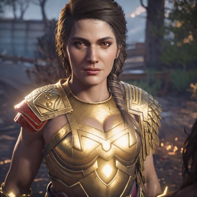 (best quality,ultra-detailed,realistic:1.37),(HDR,UHD,studio lighting),(portraits),(vivid colors),(warm color tones),(soft,moody lighting),(sharp focus),(bokeh),Kassandra,Assassin's Creed Universe,Kassandra's stunning face,Kassandra's piercing eyes,Kassandra's alluring gaze,Kassandra's seductive lips,Kassandra's flowing hair,Kassandra's confident and provocative smile,mysterious atmosphere,dark and gritty background,tattoos on Kassandra's body,ornate assassin gear,fierce and powerful stance,sparkling jewelry,dramatic lighting to accentuate facial features,subtle makeup,subtle hints of smoke or mist,nighttime setting,embers glowing in the background,subtle moonlight bathing the scene