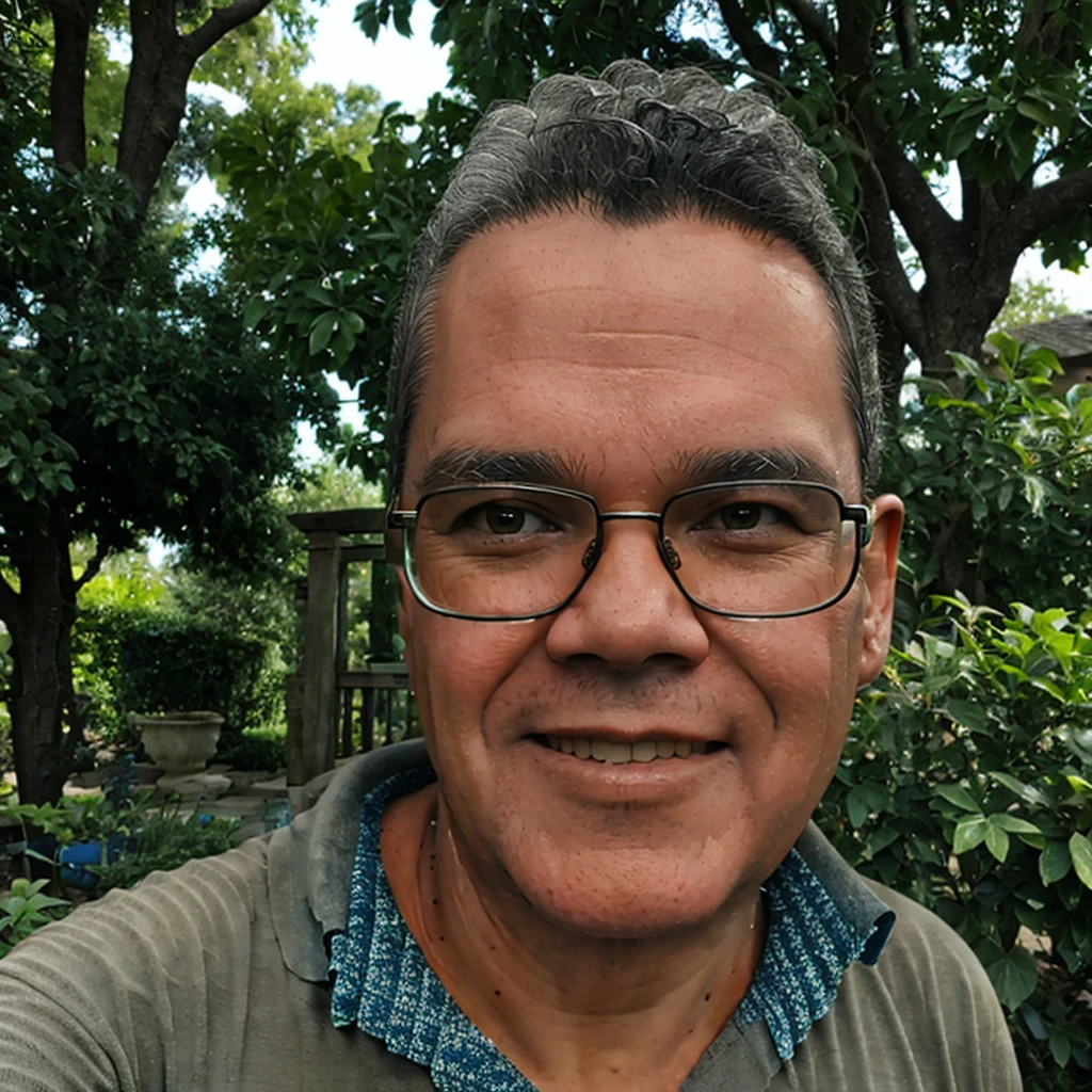 close-up, 50yo man (short hair, eyeglasses), blue T-shirt, in a beautiful garden, lookig at viewer, (masterpiece, best quality:1.2), realistic, photorealistic, HDR, 8K, 16K, solo