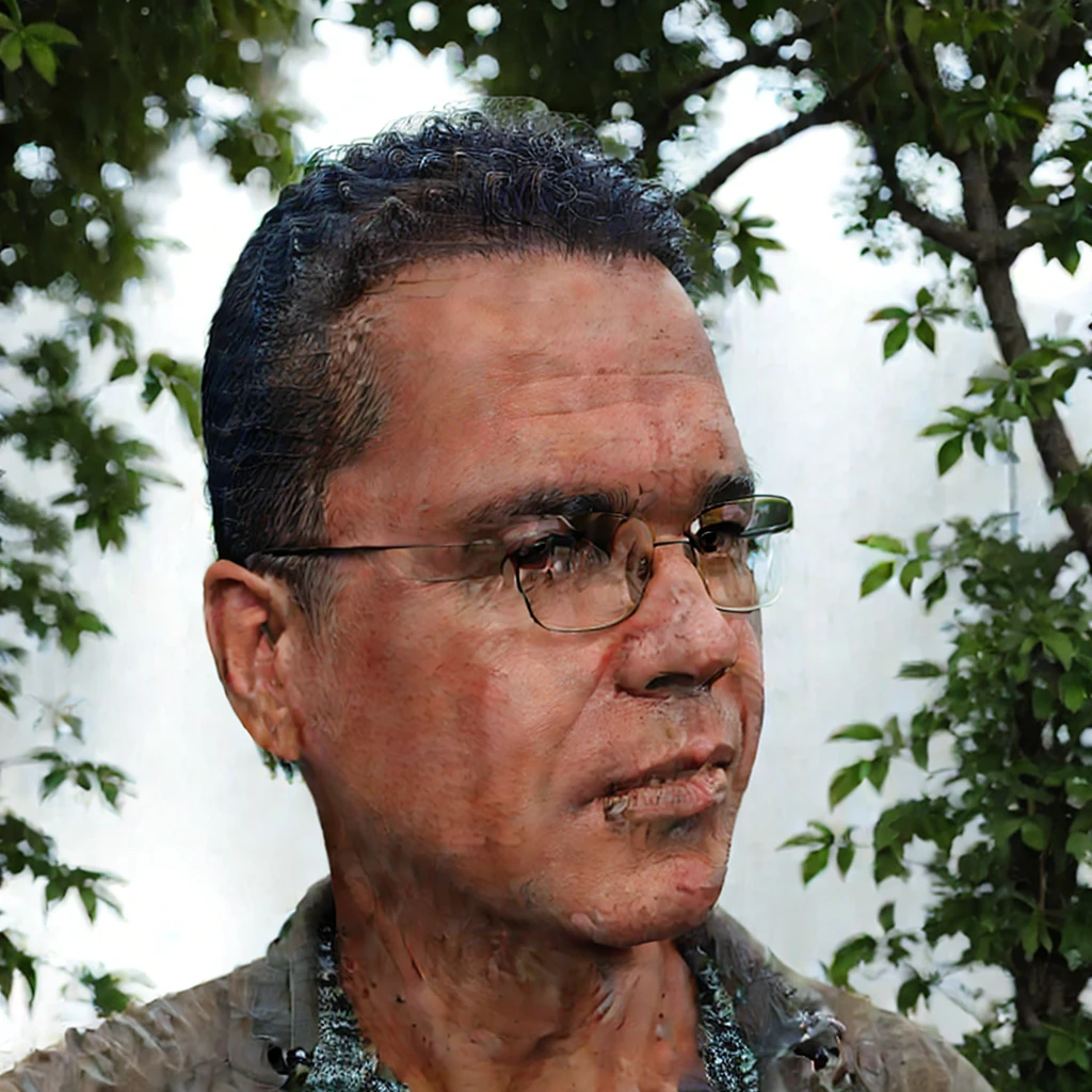 close-up, 50yo man (short hair, eyeglasses), blue T-shirt, in a beautiful garden, lookig at viewer, (masterpiece, best quality:1.2), realistic, photorealistic, HDR, 8K, 16K, solo