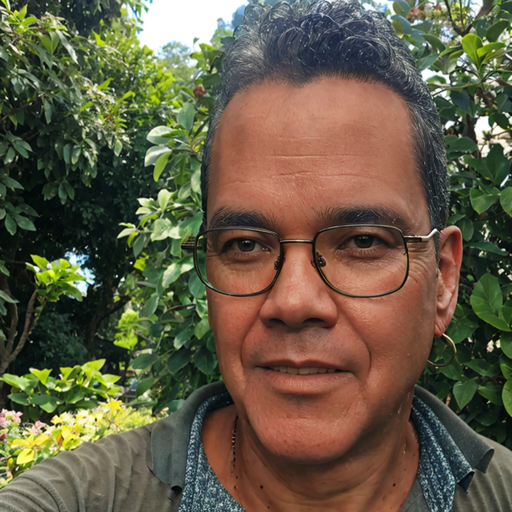 close-up, 50yo man (short hair, eyeglasses), blue T-shirt, in a beautiful garden, lookig at viewer, (masterpiece, best quality:1.2), realistic, photorealistic, HDR, 8K, 16K, solo