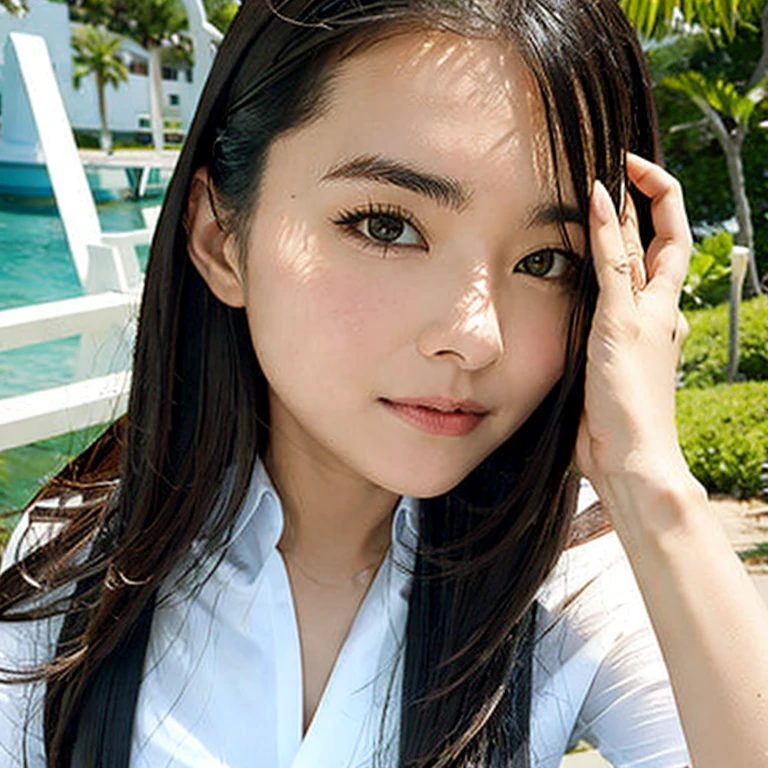 Her face has a beautiful contour, with fine baby hairs lightly growing on her cheeks and chin. These baby hairs are gently illuminated by indirect lighting, enhancing the softness and beauty of her skin with the subtle reflection of light.
Natural shadows emerge on her skin, and the backlight brings out delicate textures, adding depth to her beauty.
Her eyes are adorned with bright pupils and lush eyelashes, vividly captured even through the camera lens.
Well-groomed eyebrows exhibit subtle shadows under the backlight, giving her face dimension and further accentuating her beauty.
Her skin is smooth and uniform, with the indirect lighting accentuating the subtle irregularities and textures on the surface, creating a nuanced play of light and shadow that enhances her skin's beauty.
Moreover, the backlight reaches deep into her skin, emitting light from within, portraying a radiant and flawless complexion akin to that seen in photographs.
Her lips are plump with a natural sheen. When illuminated by the backlight, they reflect subtle light, highlighting their beautiful shape. When she smiles, delicate shadows appear on the surface of her lips, making her smile even more charming.
Her appearance resembles that of a cover model from a fashion magazine, with the indirect lighting of the backlight further accentuating her beauty.
Her presence is truly perfect, akin to a photograph, and even through the camera lens, her allure remains undiminished.