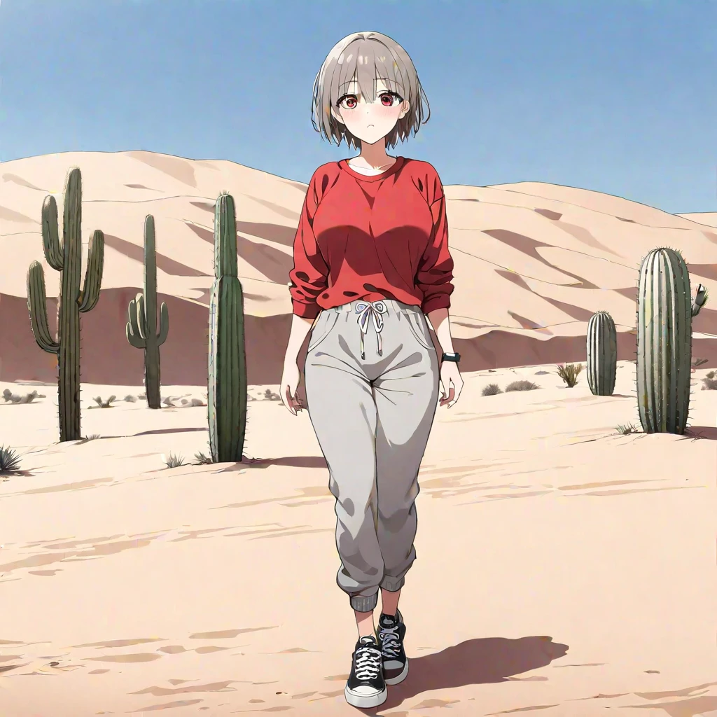 (masterpiece, best quality:1.2), 1girl, uzakichan, solo, full body, red shirt, frowning, grey sweatpants, from below, sandy desert, desert background, cactus