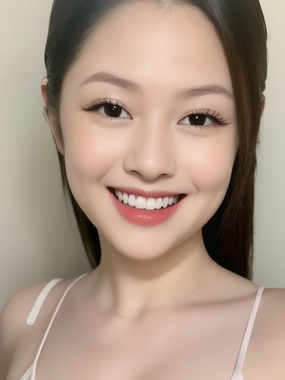 (realistic、masterpiece、Best Quality、8K、highres、high resolution:1.3)、1 girl、Huge breasts、smile, white bikini、pale white skin、looking at viewers、super fine face and eyes、long hair、indoor、 upper body、