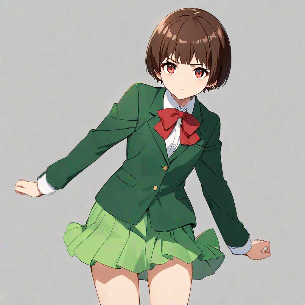 Anime girl in green jacket and green skirt with red bow - SeaArt AI