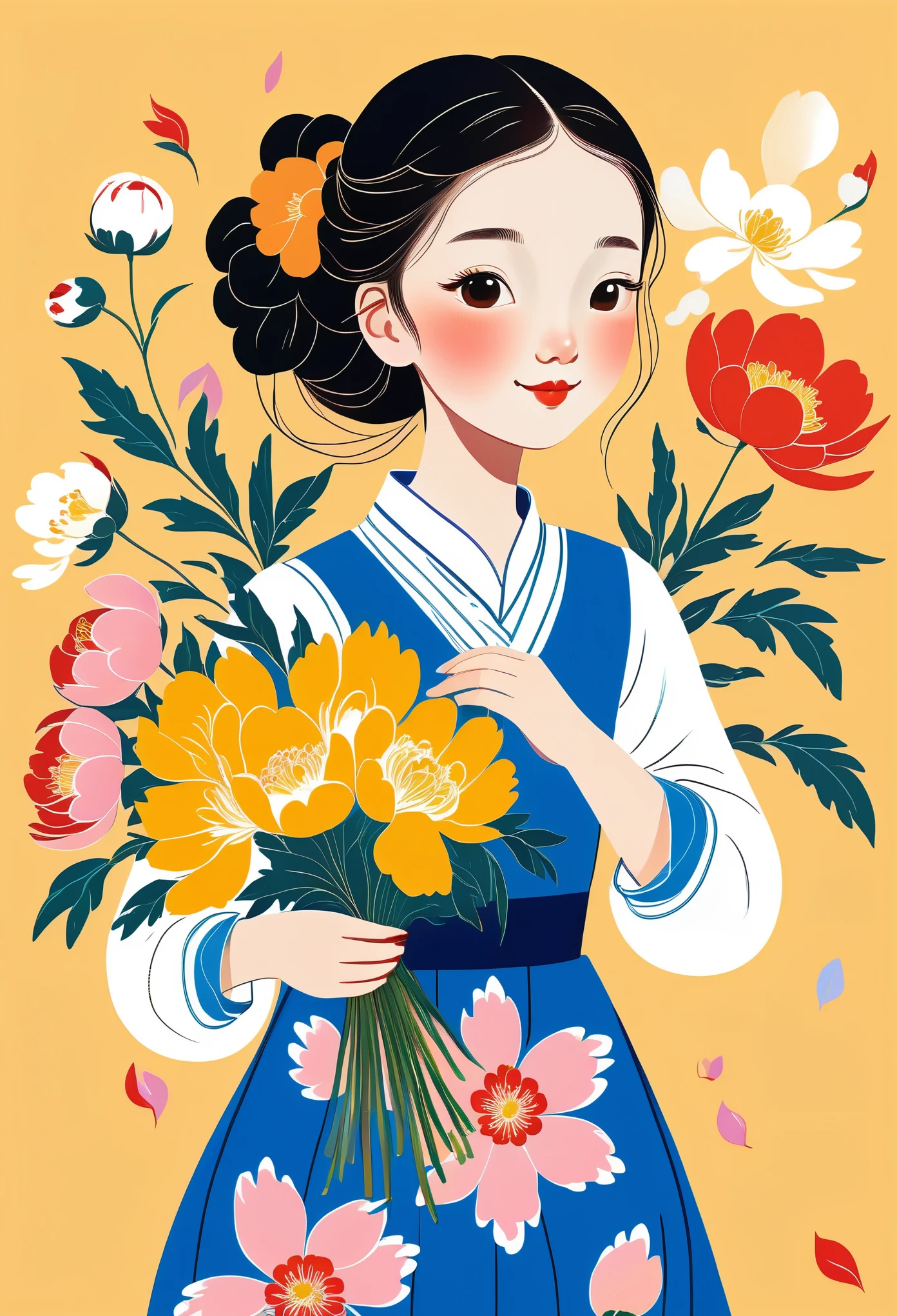 A girl holding flowers, Chinese style illustration, colorful cartoon characters, simple lines, bright colors, yellow background, full body portrait, simple , long hair braided in two pigtails, wearing a blue skirt with a pink floral pattern, happy expression, hand held a bouquet of red and white peonies, light orange flower petals flying around, in the style of a whimsical children's book illustrator, in the style of Henri Matisse