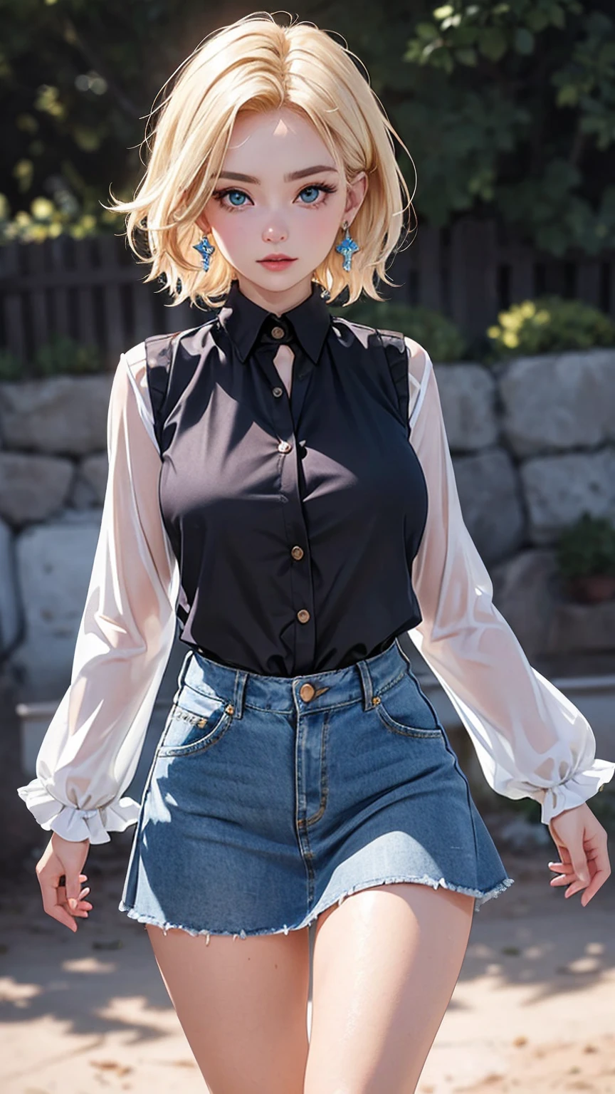(cowboy shooting: 1.2), (Android_18, and 18(Dragon Ball Z), (Delicate and beautiful eyes and delicate face), (face through thigh: 1.4), (knee shot: 1.2), blonde hair, alone, Miss, (beautiful background), :), Dynamic angle, blue eyes, Glossy, Sunlight, (bright face: 1.2), Very wide hips, Thighs are thick, full-body shot, alone, blonde hair, blue eyes, short hair, earrings, jewelry, denim dress, open vest, (Black shirt), Denim skirt, (long striped sleeves), blue skirt, brown cowboy boots