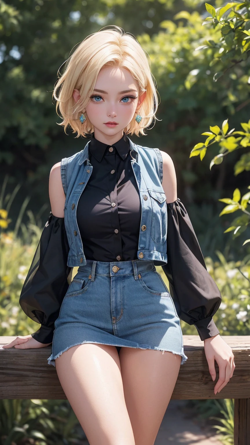 (cowboy shooting: 1.2), (Android_18, and 18(Dragon Ball Z), (Delicate and beautiful eyes and delicate face), (face through thigh: 1.4), (knee shot: 1.2), blonde hair, alone, Miss, (beautiful background), :), Dynamic angle, blue eyes, Glossy, Sunlight, (bright face: 1.2), Very wide hips, Thighs are thick, full-body shot, alone, blonde hair,  blue eyes, short hair, earrings, jewelry, denim dress, open vest, (Black shirt), Denim skirt, (long striped sleeves), blue skirt, brown cowboy boots