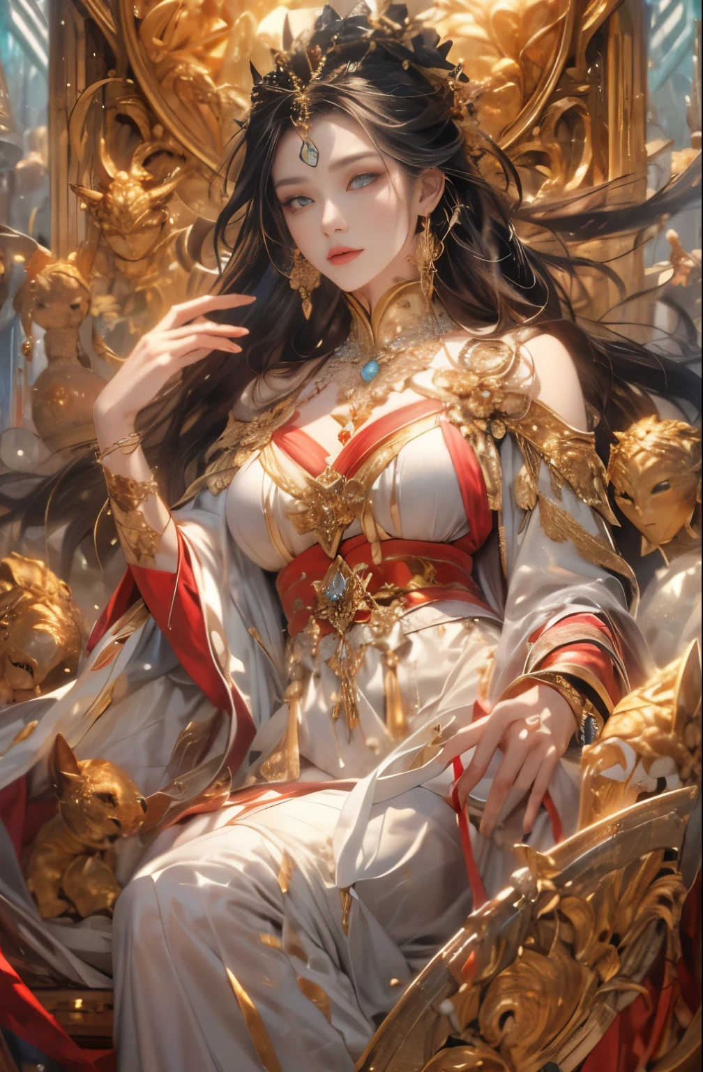 Gold and red tones、fantasy、Ancient mythology、ancient mesopotamia、Dusk time、Mysterious、solemnity、Majestic、highest quality, masterpiece、Ishtar, mysterious queen, Guardian of royal power、Guardian of Babylon the Great、increase fighting spirit、Great Goddess of Babylon, Majestic Hall々、Brave、glory of babylon、Honor of Babylon、treasure of babylon, Unparalleled beauty with long eyes、refinement、Noble、i am proud、Wearing Noble jewelry、Equip your weapons、looks like fancy golden armor、cloak fluttering in the wind、Tall and lean、fiery red long hair、perfect angle、perfect composition、Low - Angle、Full body Esbian, Works that influenced Chen Yifei, Works that influenced Francesco Hayes, Inspired by Hendrik Terbruggen, Jean=Works that influenced Auguste Dominique Ingres, Works that influenced Liu Jun, Jean=Works that influenced Auguste Dominique Ingres, highest quality, perfect angle, perfect composition, best shot, official art, cinematic light, figurative art, Beautiful and expressive paintings, Beautiful artwork illustration, wonderful, cool beauty, clear, Mysterious, masterpiece, highest quality, official art, Very delicate and detailed painting style, Beautiful painting art, perfect light, perfect composition, perfect angle, The perfect subject, best shot, women only, sharp outline, pretty much beautiful face, Very beautiful and delicate eyes, delicate and beautiful eyes, Close-up