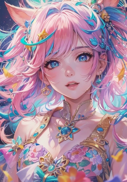 Anime girl with colorful hair and colorful dress, rossdraws pastel vivid, rossdraws cartoon vibrant, anime style 4k, beautiful anime portrait, art germ colorful!!!, ! dream art germ, beautiful anime girl, anime style digital art, anime art wallpaper 4k, anime art wallpaper 4k, digital anime art, highly detailed art germ
