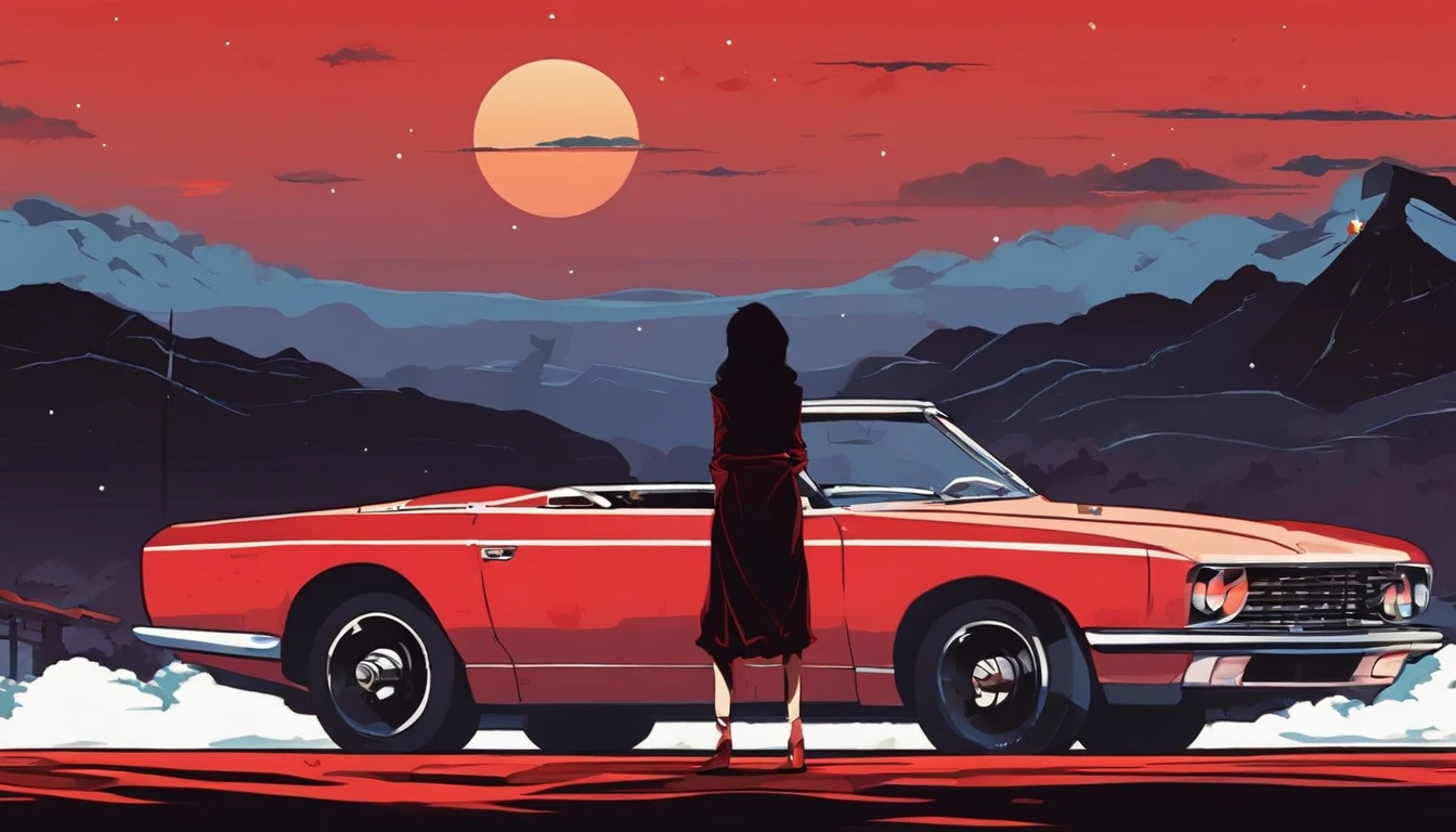 spaceship、Katsuhiro Otomo's painting style、Desolate Star、Red burnt sky、A woman riding a speeding black convertible car,panorama