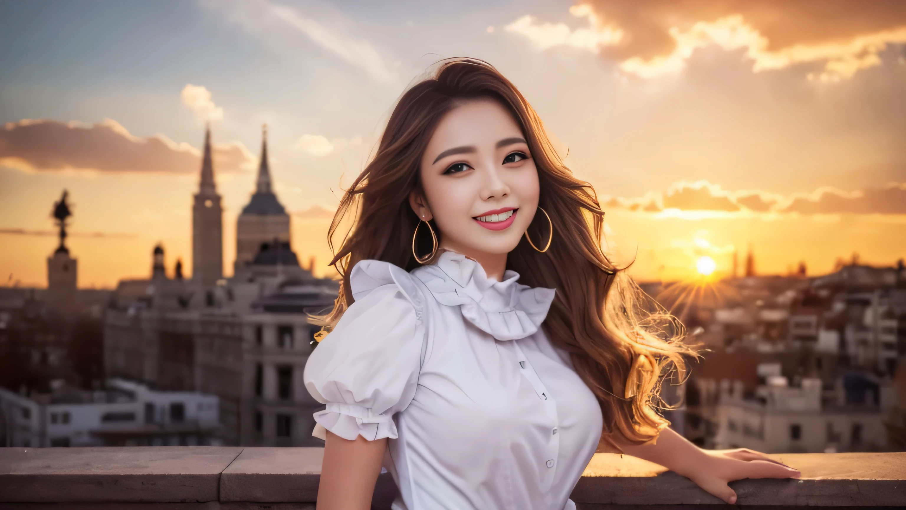((highest quality, table top, 超A high resolution、the most complex and detailed depiction))、1 、18-year-old、expensive ,((frilled white shirt:1.3)),navy skirt、cowboy shot、hair swaying in the wind、Recreating the perfect details of Madrid、romantic madrid sunset、beautiful sunset on background、Detailed background of madrid、big ben madrid、Please look at me、Detailed and clear background、big and full breasts、best smile、The happiest smile、beautiful sunset、amazing sunset、perfect makeup、long wavy hair
