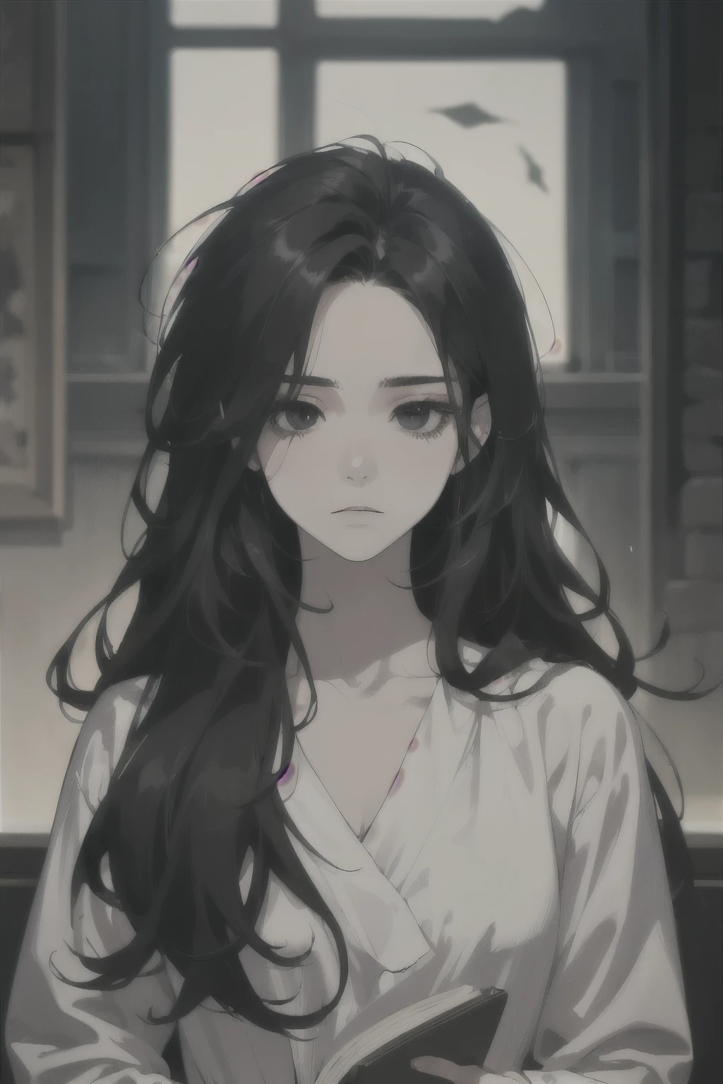 midjourney, ((best quality)), ((masterpiece)), (detailed), perfect face, 1female, beautiful male, young, 18 years. old, ((black hair, messy long hair)), ((black eyes)), depth of field, pale white skin, white dress, dark circles under eyes, tired expression, vivid colors,  [[[reading]]]