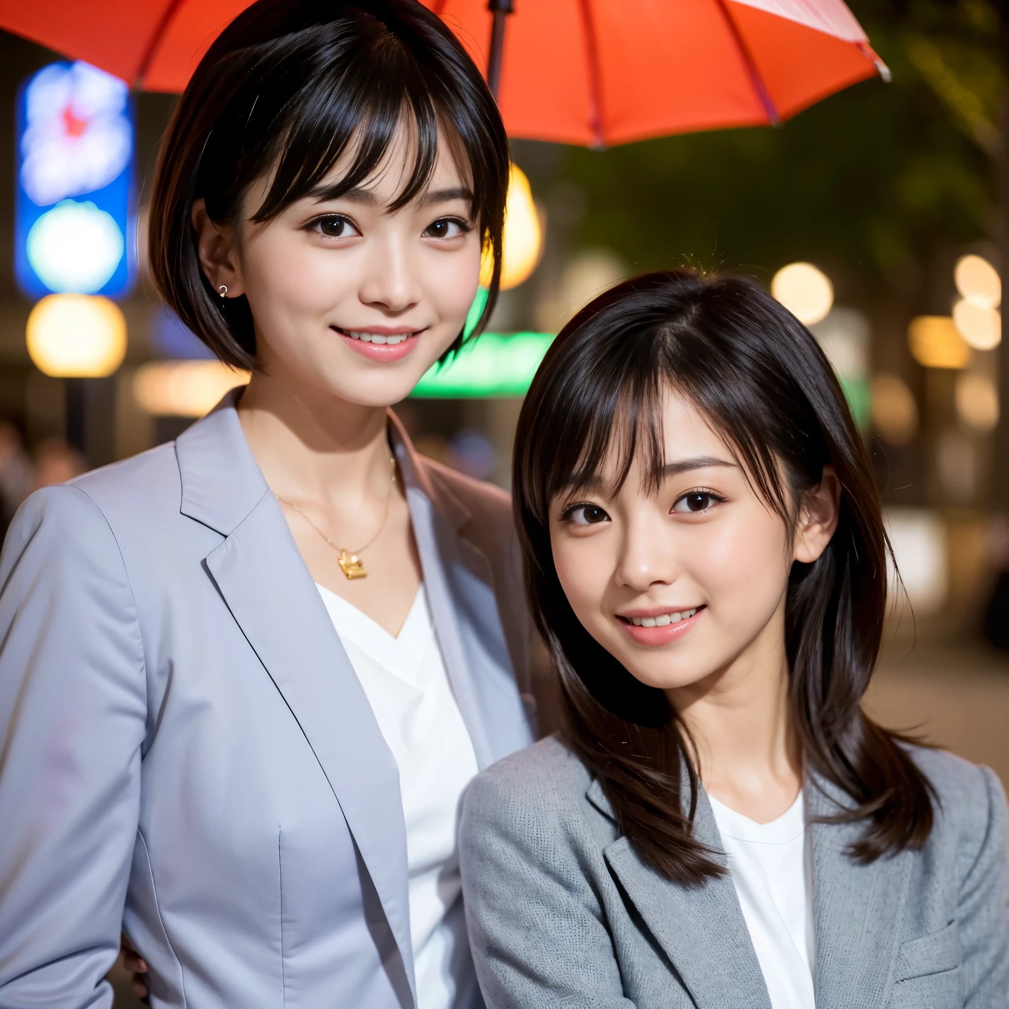 Best-quality, Masterpiece, Ultra-High-Resolution, (Photorealistic:1.4), Raw-Photo, 

2girls, lesbian-couple, 18-years-old girl and 25-years-old woman, Late at night, In spring, At Hiroshima's entertainment distric, 

(The 18-year-old girl, the most famous Japanese idol, extremely beautiful short-cut-haired, extremely cute face like the most popular Japanese idol, extremely beautiful big-eyes, innocent-smile), 

(The 25-year-old woman, the most famous Japanese actress, wearing business-suit with stylish-design, extremely beautiful long-hair, extremely beautiful face like the most popular Japanese actress, extremely beautiful big-eyes, grinning)