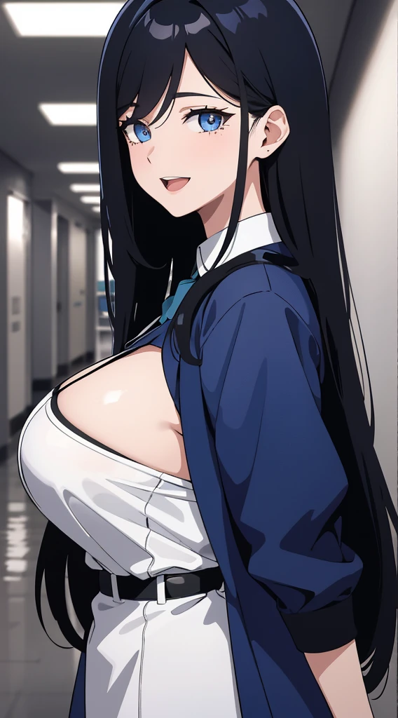 (masterpiece), (best quality), (ultra-detailed), ((girl, 29 years old)), an extremely delicate and beautiful, detailed eyes, minute details, (black hair, long hair, straight hair, hair between eyes), ((big breasts)), smile, open mouth, ((beautiful eyes)), (blue eyes), (upper body), she is wearing a blue dress, (detailed clothes), (detailed background, in a hospital, hospital hallway), (monochrome)