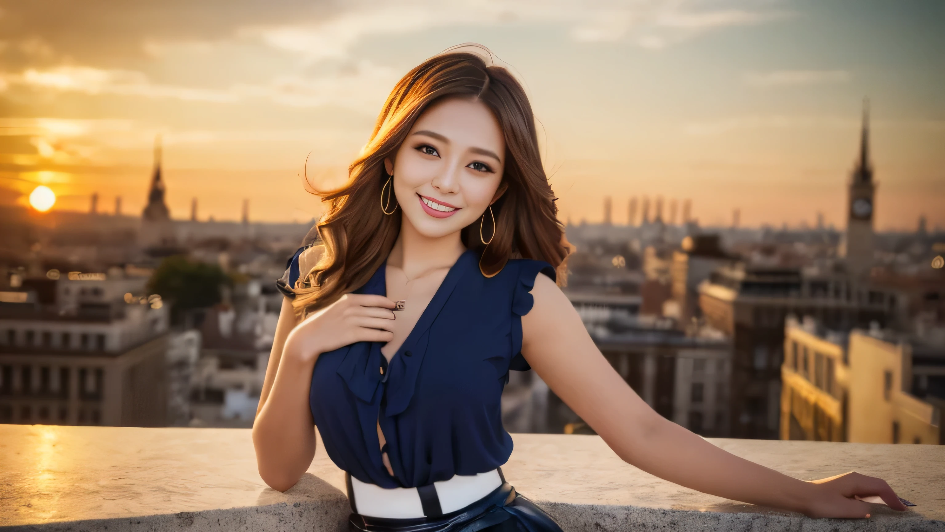 ((highest quality, table top, 超A high resolution、the most complex and detailed depiction))、1 、18-year-old、expensive ((Classy blouse:1.3)),navy skirt、cowboy shot、hair swaying in the wind、Recreating the perfect details of Madrid、romantic madrid sunset、beautiful sunset on background、Detailed background of madrid、big ben madrid、Please look at me、Detailed and clear background、big and full breasts、best smile、The happiest smile、beautiful sunset、amazing sunset、perfect makeup、long wavy hair