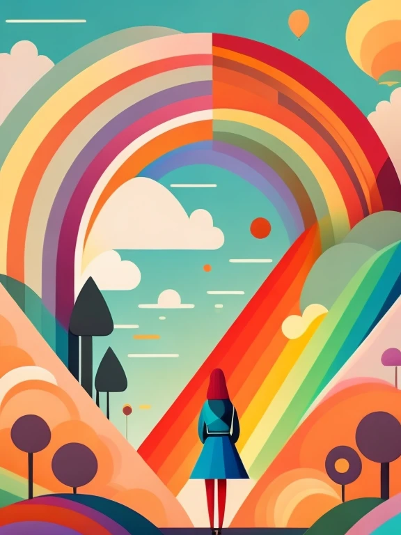 art illustration，rainbow，portrait，trees，rich and colorful, rainbow, small , Contrasting colors, in the spring landscape, icon design, Rozmin trip, vector art, (1 girl), alone，Abstract surreal colors, popular geometric surrealism, rainbow色的梦想