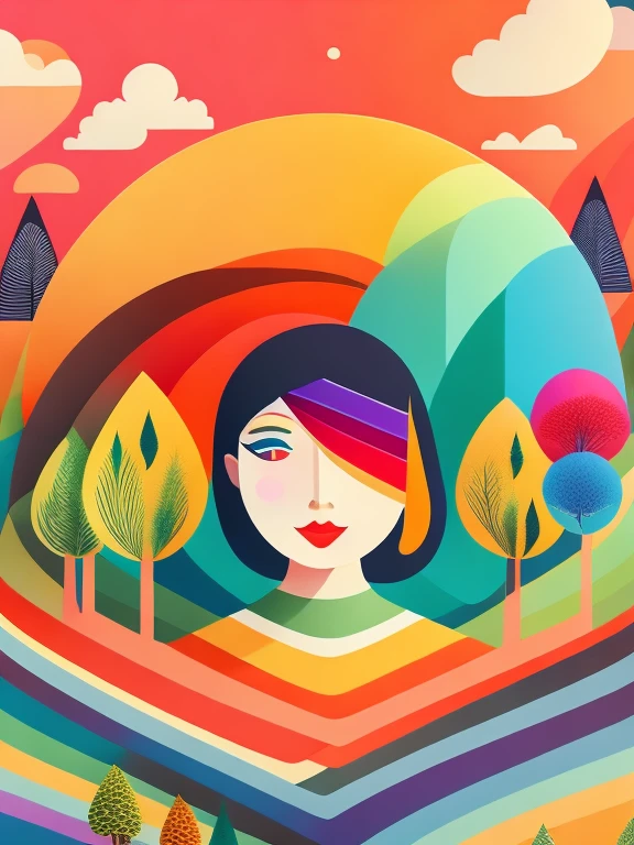 art illustration，rainbow，portrait，trees，rich and colorful, rainbow, small , Contrasting colors, in the spring landscape, icon design, Rozmin trip, vector art, (1 girl), alone，Abstract surreal colors, popular geometric surrealism, rainbow色的梦想