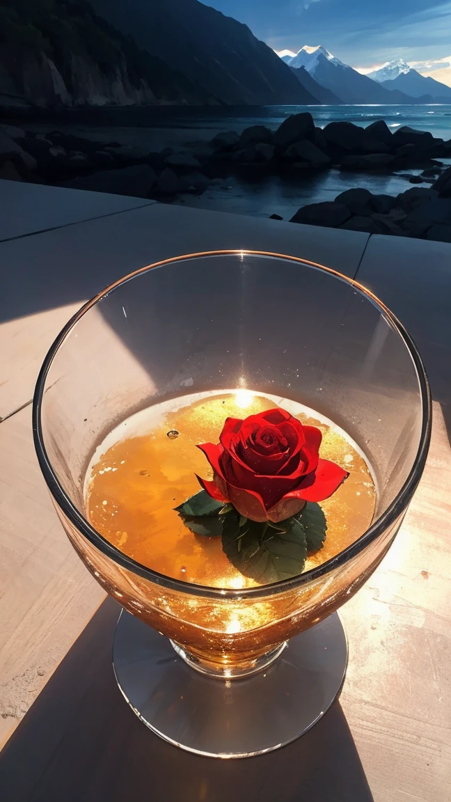 Sunlight in the crystal glass on the seaside, with mountains as background, Regular classical shaped glass, Open from above, below, next to glass, It's a red rose, High quality realistic photography
