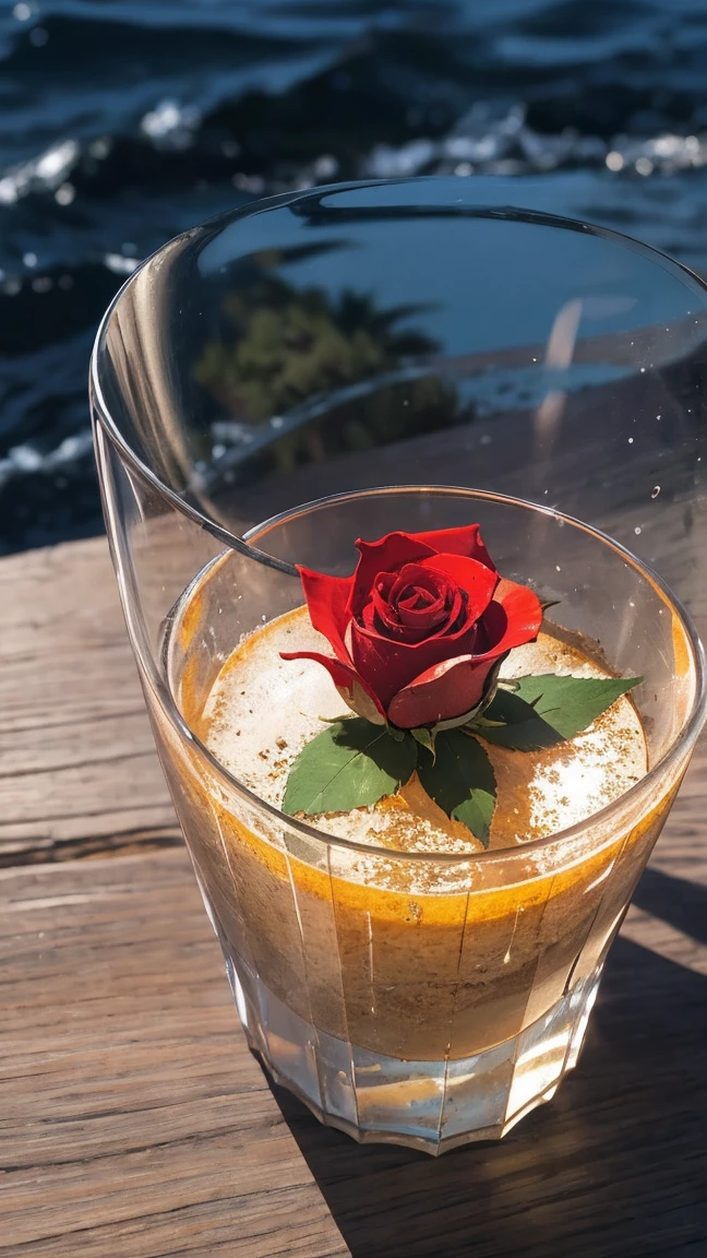 Sunlight in the crystal glass on the seaside, with mountains as background, Regular classical shaped glass, Open from above, below, next to glass, It's a red rose, High quality realistic photography