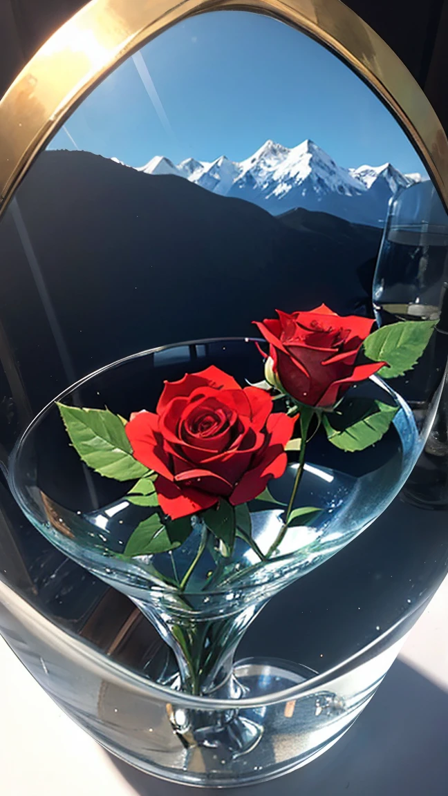 Sunlight in the crystal glass on the seaside, with mountains as background, Regular classical shaped glass, Open from above, below, next to glass, It's a red rose, High quality realistic photography